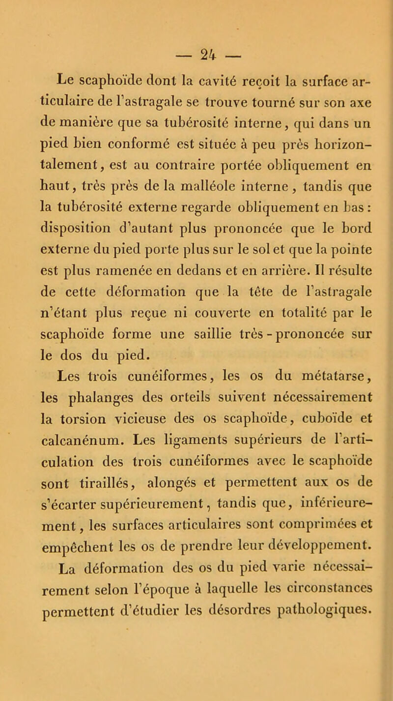 Le scaphoïde dont la cavité reçoit la surface ar- ticulaire de l’astragale se trouve tourné sur son axe de manière que sa tubérosité interne, qui dans un pied bien conformé est située à peu près horizon- talement , est au contraire portée obliquement en haut, très près de la malléole interne, tandis que la tubérosité externe regarde obliquement en bas : disposition d’autant plus prononcée que le bord externe du pied porte plus sur le sol et que la pointe est plus ramenée en dedans et en arrière. Il résulte de cette déformation que la tête de l’astragale n’étant plus reçue ni couverte en totalité par le scaphoïde forme une saillie très - prononcée sur le dos du pied. Les trois cunéiformes, les os du métatarse, les phalanges des orteils suivent nécessairement la torsion vicieuse des os scaphoïde, cuboïde et calcanénum. Les ligaments supérieurs de l’arti- culation des trois cunéiformes avec le scaphoïde sont tiraillés, alongés et permettent aux os de s’écarter supérieurement, tandis que, inférieure- ment , les surfaces articulaires sont comprimées et empêchent les os de prendre leur développement. La déformation des os du pied varie nécessai- rement selon l’époque à laquelle les circonstances permettent d’étudier les désordres pathologiques.