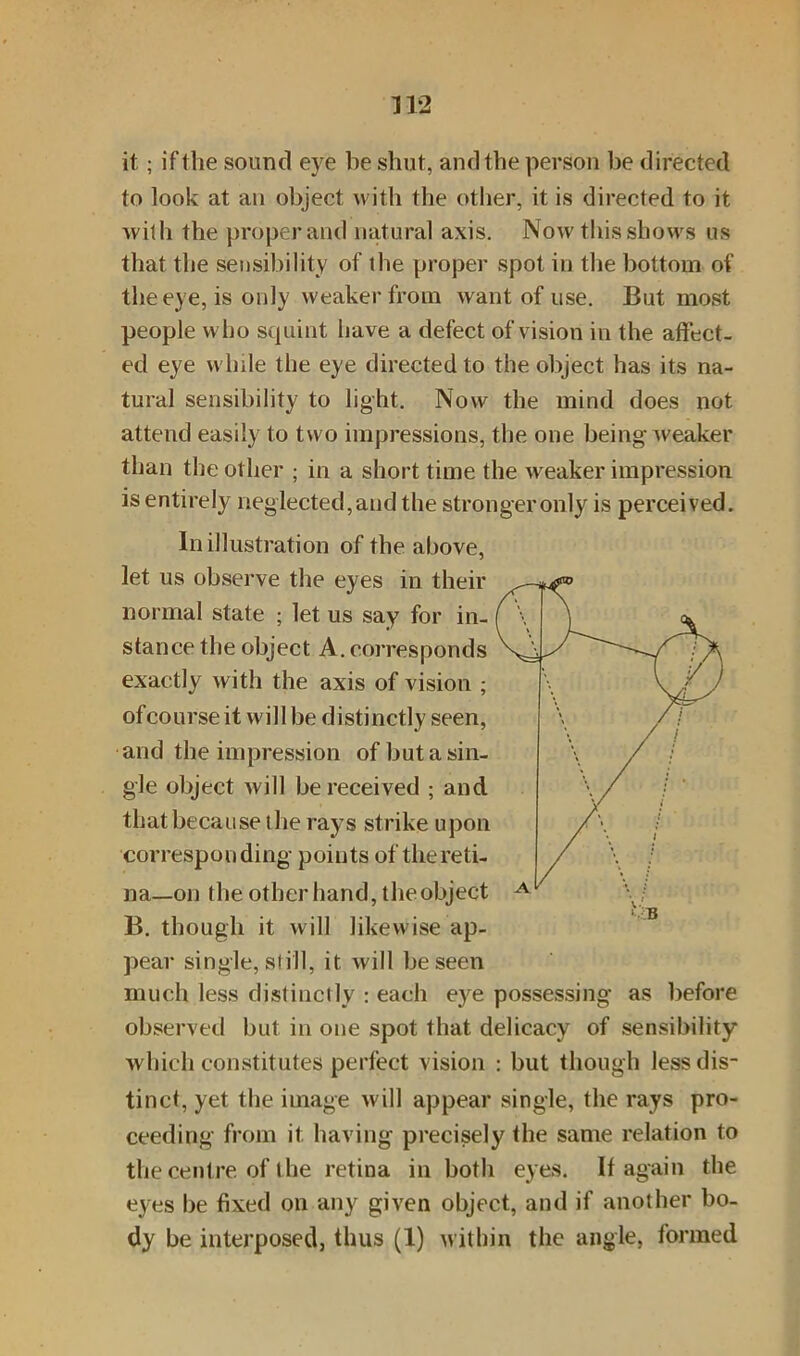 it; if the sound eye be shut, and the person he directed to look at an object with the other, it is directed to it with the proper and natural axis. Now this shows us that the sensibility of the proper spot in the bottom of the eye, is only weaker from want of use. But most people who squint have a defect of vision in the affect- ed eye while the eye directed to the object has its na- tural sensibility to light. Now the mind does not attend easily to two impressions, the one being weaker than the other ; in a short time the weaker impression is entirely neglected,and the stronger only is perceived. In illustration of the above, let us observe the eyes in their normal state ; let us say for in- stance the object A. corresponds exactly with the axis of vision ; of course it will be distinctly seen, and the impression of but a sin- gle object will be received ; and that because the rays strike upon corresponding points of the reti- na—on the other hand, theobject B. though it will likewise ap- pear single, still, it will be seen much less distinctly : each eye possessing as before observed but in one spot that delicacy of sensibility which constitutes perfect vision : but though less dis- tinct, yet the image will appear single, the rays pro- ceeding from it having precisely the same relation to the centre of the retina in both eyes. If again the eyes be fixed on any given object, and if another bo- dy be interposed, thus (1) within the angle, formed