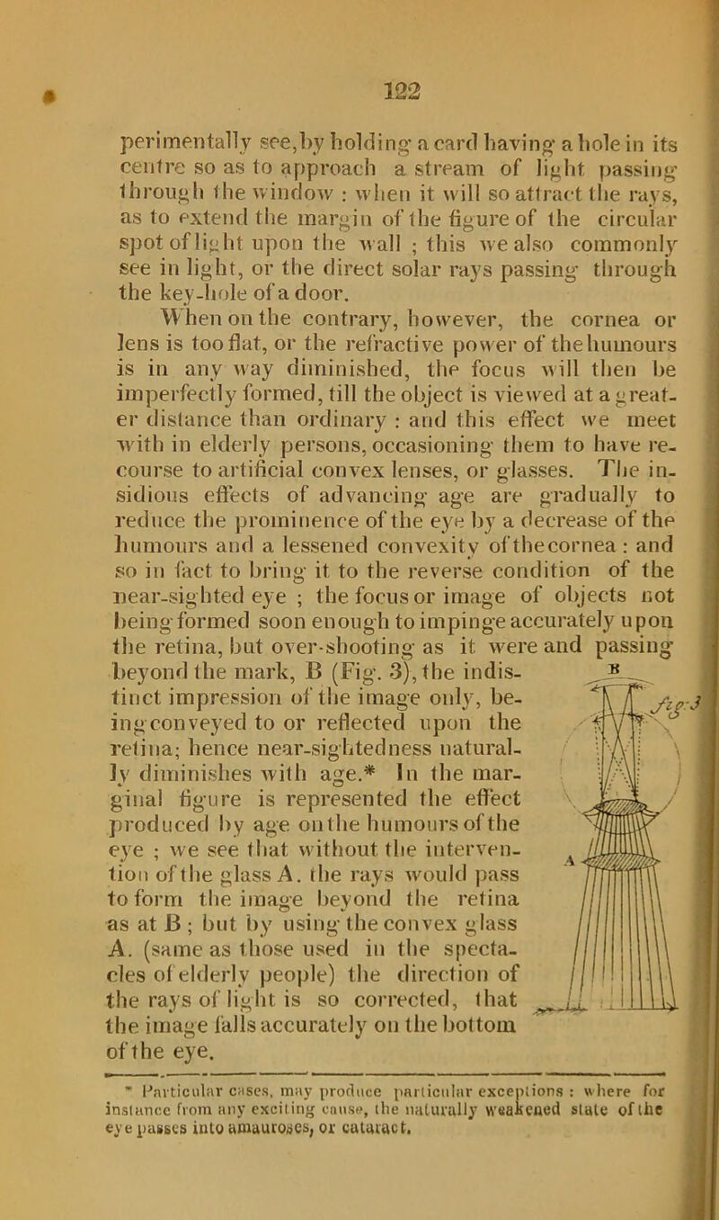 peri men tally see,by holding a card having a hole in its centre so as to approach a stream of light passing through the window : when it will so attract the rays, as to extend the margin of the figure of the circular spot of light upon the wall ; this we also commonly see in light, or the direct solar rays passing through the key-hole of a door. When on the contrary, however, the cornea or lens is too flat, or the refractive power of the humours is in any way diminished, the focus will then he imperfectly formed, till the object is viewed at a great- er distance than ordinary : and this effect we meet with in elderly persons, occasioning them to have re- course to artificial convex lenses, or glasses. The in- sidious effects of advancing age are gradually to reduce the prominence of the eye by a decrease of the humours and a lessened convexity of thecornea : and so in fact to bring it to the reverse condition of the near-sighted eye ; the focus or image of objects not being formed soon enough to impinge accurately upon the retina, but over shooting as it were and passing' beyond the mark, 13 (Fig. 3), the indis- tinct impression of the image only, be- ing conveyed to or reflected upon the retina; hence near-sightedness natural- ly diminishes with age.* In the mar- ginal figure is represented the effect produced by age on the humours of the eye ; we see that without the interven- tion of the glass A. the rays would pass to form the image beyond the retina as at 13 ; but by using the convex glass A. (same as those used in the specta- cles of elderly people) the direction of the rays of light is so corrected, that the. image falls accurately on the bottom of the eye. * Particular cases, may produce particular exceptions : where for instance from any excit ing cause, the naturally weakened slate of the eye passes into amauroses, or cataract. n