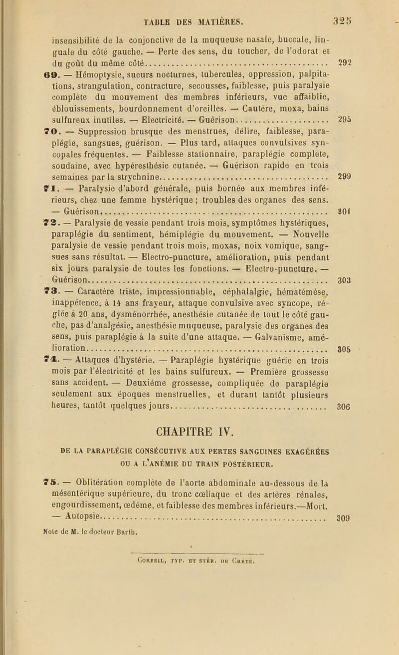 insensibilité de la conjonctive de la muqueuse nasale, buccale, lin- guale du côté gauche. — Perte des sens, du toucher, de l’odorat et du goût du môme côté 292 60. — Hémoptysie, sueurs nocturnes, tubercules, oppression, palpita- tions, strangulation, contracture, secousses, faiblesse, puis paralysie complète du mouvement des membres inférieurs, vue aflfaiblie, éblouissements, bourdonnement d’oreilles. — Cautère, moxa, bains sulfureux inutiles. — Electricité. — Guérison 295 ÎO. — Suppression brusque des menstrues, délire, faiblesse, para- plégie, sangsues, guérison. — Plus tard, attaques convulsives syn- copales fréquentes. — Faiblesse stationnaire, paraplégie complète, soudaine, avec hypéresthésie cutanée. — Guérison rapide en trois semaines par la strychnine 299 ffl. — Paralysie d’abord générale, puis bornée aux membres infé- rieurs, chez une femme hystérique ; troubles des organes des sens. — Guérison SOI Î3. — Paralysie de vessie pendant trois mois, symptômes hystériques, paraplégie du sentiment, hémiplégie du mouvement. — Nouvelle paralysie de vessie pendant trois mois, moxas, noix vomique, sang- sues sans résultat. — Electro-puncture, amélioration, puis pendant six jours paralysie de toutes les fonctions. — Electro-puncture, — Guérison 303 y3. — Caractère triste, impressionnable, céphalalgie, héraatémése, inappétence, à lA ans frayeur, attaque convulsive avec syncope, ré- glée à 20 ans, dysménorrhée, anesthésie cutanée de tout le côté gau- che, pas d’analgésie, anesthésie muqueuse, paralysie des organes des sens, puis paraplégie à la suite d’une attaque. — Galvanisme, amé- lioration 305 S'AI. — Attaques d’hystérie. — Paraplégie hystérique guérie en trois mois par l’électricité et les hains sulfureux. — Première grossesse sans accident. — Deuxième grossesse, compliquée de paraplégie seulement aux époques menstruelles, et durant tantôt plusieurs heures, tantôt quelques jours 306 CHAPITRE IV. DE LA PARAPLÉGIE CONSÉCUTIVE AU.X PERTES SANGUINES EXAGÉRÉES OU A l’anémie du train POSTÉRIEUR. îS. — Oblitération complète de l’aorte abdominale au-dessous de la mésentérique supérieure, du tronc coeliaque et des artères rénales, engourdissement, oedème, et faiblesse des membres inférieurs.—Mort. — Autopsie 309 Note de M. le docteur Bai lli. CoUBElL, lïl'. ET STKII. IIE CubtÉ.