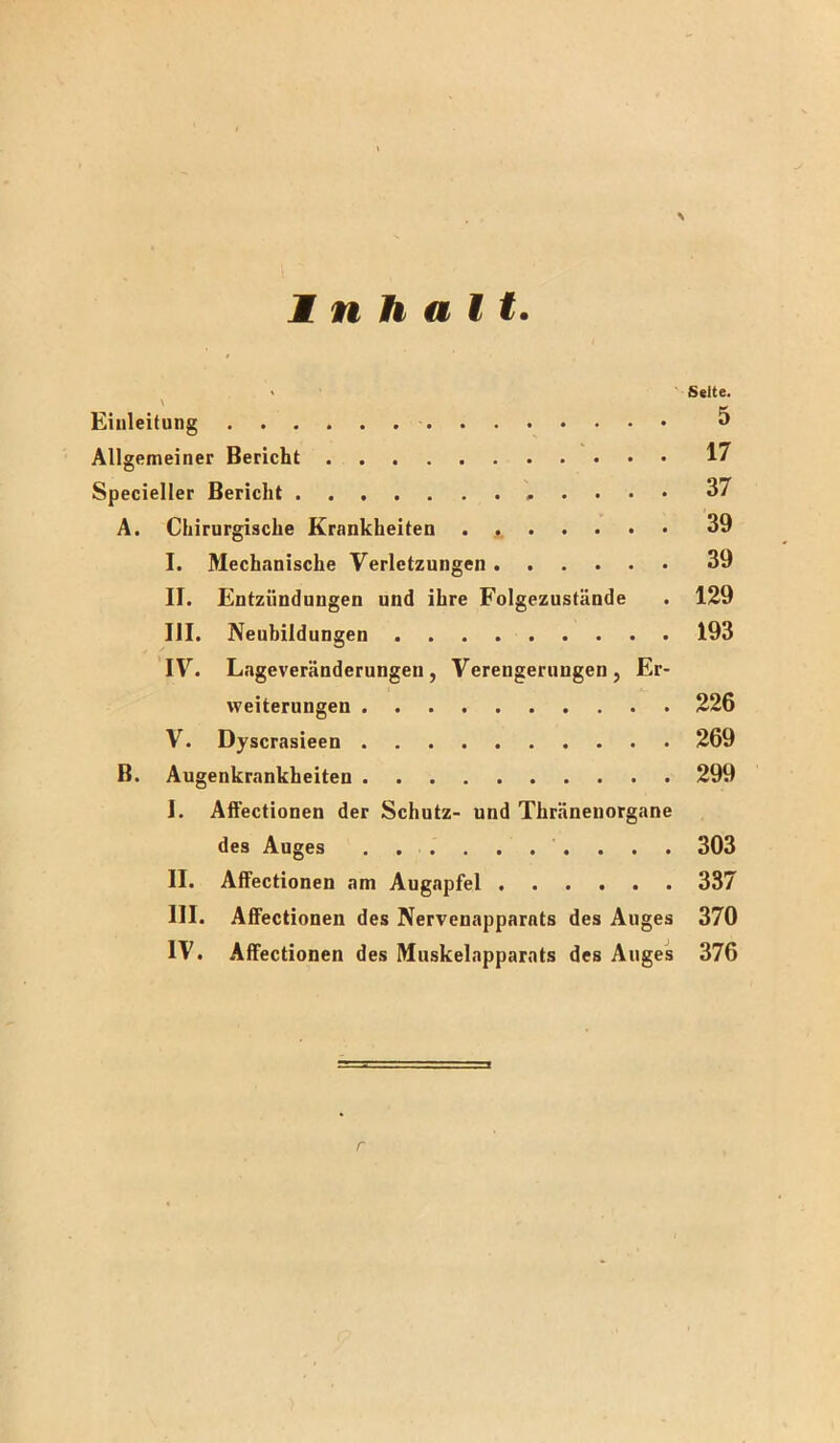 Seite. Einleitung 5 Allgemeiner Bericht 17 Specieller Bericht . . . • 37 A. Chirurgische Krankheiten . 39 I. Mechanische Verletzungen 39 II. Entzündungen und ihre Folgezustände . 129 III. Neubildungen 193 IV. Lageveränderungen, Verengerungen, Er- weiterungen 226 V. Dyscrasieen 269 B. Augenkrankheiten 299 I. Aifectionen der Schutz- und Thränenorgane des Auges , . . . , . , . . . 303 II. Aifectionen am Augapfel 337 III. Aifectionen des Nervenapparats des Auges 370 IV. Aifectionen des Muskelapparats des Auges 376