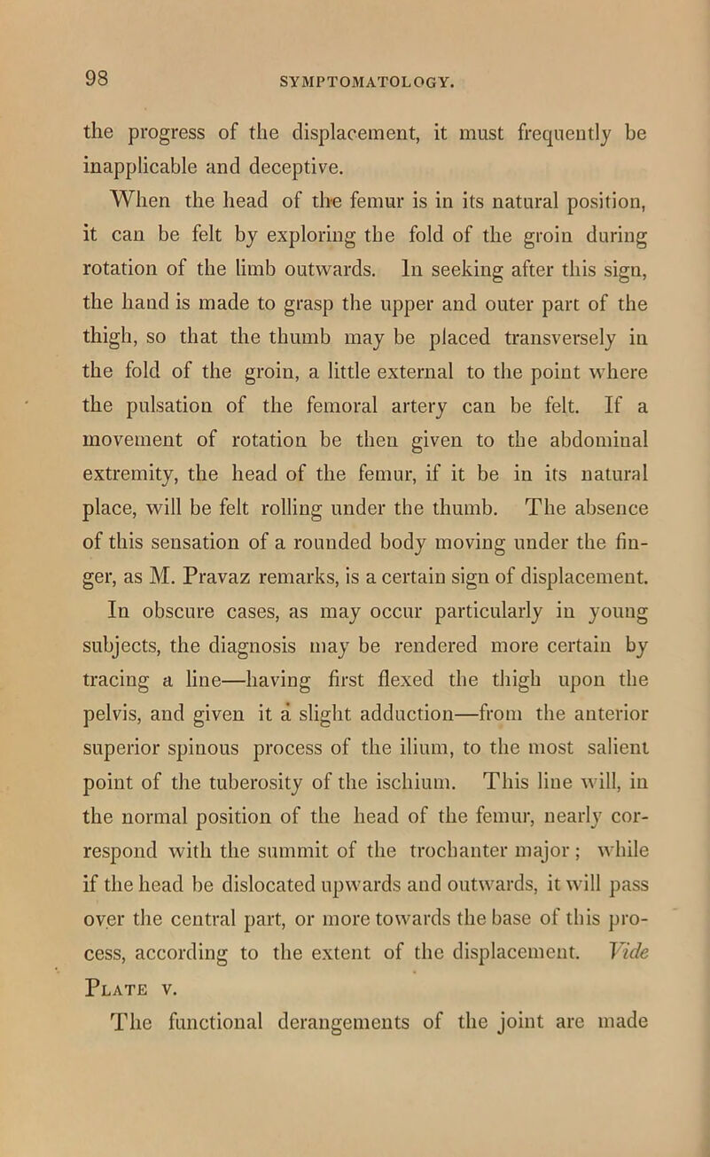 the progress of the displacement, it must frequently be inapplicable and deceptive. When the head of the femur is in its natural position, it can be felt by exploring the fold of the groin during rotation of the limb outwards. In seeking after this sign, the hand is made to grasp the upper and outer part of the thigh, so that the thumb may be placed transversely in the fold of the groin, a little external to the point where the pulsation of the femoral artery can be felt. If a movement of rotation be then given to the abdominal extremity, the head of the femur, if it be in its natural place, will be felt rolling under the thumb. The absence of this sensation of a rounded body moving under the fin- ger, as M. Pravaz remarks, is a certain sign of displacement. In obscure cases, as may occur particularly in young subjects, the diagnosis may be rendered more certain by tracing a line—having first flexed the thigh upon the pelvis, and given it a slight adduction—from the anterior superior spinous process of the ilium, to the most salient point of the tuberosity of the ischium. This line will, in the normal position of the head of the femur, nearly cor- respond with the summit of the trochanter major ; while if the head be dislocated upwards and outwards, it will pass oyer the central part, or more towards the base of this pro- cess, according to the extent of the displacement. Vide Plate v. The functional derangements of the joint are made