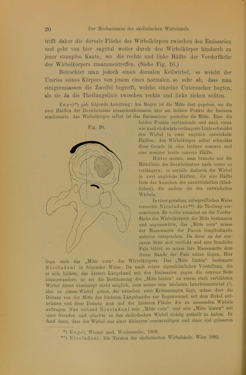 trifft daher die dorsale Fläche des Wirbelkörpers zwischen den Emissarien und geht von hier sagittal weiter durch den Wirbelkörper hindurch zu jener stumpfen Kante, wo die rechte und linke Hälfte der Vorderfläche des Wirbelkörpers Zusammentreffen. (Siehe Fig. 16.) Betrachtet man jedoch einen dorsalen Keilwirbel, so weicht der Umriss seines Körpers von jenem eines normalen so sehr ab, dass man einigermaassen die Zweifel begreift, welche einzelne üntersucher hegten, als sie da die Theilungslinie zwischen rechts und links ziehen sollten. Engel*) gab folgende Anleitung; Am Bogen ist die Mitte dort gegeben, wo die zwei Hälften der Dornfortsätze Zusammenkommen, also am tiefsten Punkte der Incisura semilunaris. Am Wirbelkörper selbst ist das Emissarium posterius die Mitte. Eine die beiden Punkte verbindende und nach vorne Fig- 20. .^vie nach rückwärts verlängerte Linie schneidet den Wirbel in zwei ungleich entwickelte Hälften; den Wirbelkörper selbst schneidet diese Gerade in eine breitere concave und eine weniger breite convexe Hälfte. Hüter meinte, man brauche nur die Mittellinie des Dornfortsatzes nach vorne zu verlängern; es zerfalle dadurch der Wirbel in zwei ungleiche Hälften; die eine Hälfte biete das Aussehen des unentwickelten (kind- lichen), die andere die des entwickelten Wirbels. In einer geradezu unbegreiflichen Weise versuchte ISI i e o 1 a d o n i **) die Theilung vor- zunehmen. Er wollte zunächst an der Torder- fläehe des Wirbelkörpers die Mitte bestimmen und argumentirte, das „Mitte vorn“ müsse der Massenmitte der Faseia longitudinalis anterior entsprechen. Da diese an der eon- eaven Seite sieh verdickt und eine förmliche Falx bildet, so müsse ihre Massenmitte dem freien Bande der Palx näher liegen. Hier liege auch das „Mitte vorn“ des Wirbclkörpers. Das „Mitte hinten“ bestimmte Nieoladoni in folgender Weise: Da nach seiner eigenthümliehen Vorstellung, die er sich bildete, das hintere Längsband mit den Emissarien gegen die convexe Seite hinauswandere, so sei die Bestimmung des „Mitte hinten“ an einem stark verbildeten Wirbel direct überhaupt nicht möglich, man müsse zum nächsten Interferenzwirbel (!), also zu jenem Wirbel gehen, der zwischen zwei Krümmungen liegt, müsse dort die Distanz von der Mitte des hinteren Längsbandes zur Bogenwurzel mit dem Zirkel auf- nehmen und diese Distanz nun auf der hinteren Fläche des zu messenden V irbels auftragen. Nun verband Nieoladoni sein „Mitte vorn“ und sein „Mitte hinten“ mit einer Geraden und glaubte so den skoliotisehen Wirbel richtig getheilt zu haben. Er fand dann, dass der Wirbel aus einer kleineren'coneavseitigen und einer viel grösseren *) Engel, Wiener med. Woehensehr., 1808. *’*) Nieoladoni: Die Torsion der skoliotisehen Wirbelsäule. Wien 1882.