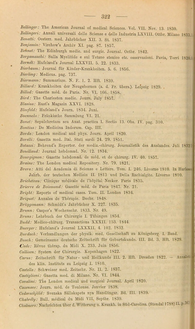 Helling er: The American Journal of medical Sciences. Vol. VII. Nov. 13. 1830. Bellingeri: Annali univcrsali dcllo Scienze e dclle Industria LXV1I1. Ottbr. Milano 1833. Benatti: Oesterr. med. Jahrbücher XII. 3. St. 1837. Benjamin: Yirchow’s Archiv XI. pag. 87. 1857. Beiinet: The Edinburgh medic. and surgic. Journal. Octbr. 1842. Bergamaschi: Sulla Myelitide e sul Tetano stenico etc. osservazioni. Pavia, Torri 1820. Berndt: Hufeland’s Journal LXXVI1. 5. 22. 1833. Bierbaum: Journal für Kinder-Krankheiten. 5. 6. 1850. Bierling: Medicus. pag. 737. Biermann: Summarium. N. F. 1. 2. Hft. 1839. Billard: Krankheiten der Neugebornen (a. d. Fr. übers.). Leipzig 1829. . Billod: Gazette med. de Paris. Nr. VI. 166. 1858. Bird: The Charleston medic. Journ. July 1857. Blasius: Itust’s Magazin XXVI. 1828. Bloofeld: Hufeland’s Journ. 1834. Juni. Boennehc: Fränkische Sammlung VI. 21. Bonei: Sepulchretum seu Anat. practica I. Sectio 13. Obs. IV. pag. 310. Bontius: De Medicina Indorum. Cap. III. Borda: London medical and phys. Journ. April 1820. Borelli: Gazetta med. Ital. Stati sardi 24. 29. 1851. Botazzi: Behrend’s Kepertor. der mediz.-chirurg. Journalistik des Auslandes. Juli 1832 Bonillaud: Journal hebdomad. Nr. 12. 1834. Bourgignon: Gazette hebdomad. de med. et de Chirurg. IV. 40. 1857. Braine: The London medical Repository. Nr. 79. 1821. Brera: Atti del Academia di Scienze e Lettere. Tom. I. 246. Livorno 1810. ln Harlesi Jahrb. der teutschen Medizin II. 1813 und Deila Raehialgite. Livorno 1810. Bricheteau: Clinique medicale de l’hopital Necker. Paris 1835. Brierre de Boismond: Gazette med. de Paris 1847. Nr. 21. Bright: Reports of medical cases. Tom. II. London 1834. Briquei: Annales de Therapie. Decbr. 1848. Brüggemann: Schmidt’s Jahrbücher X. 227. 1835. Brunn: Casper’s Wochenschr. 1833. Nr. 49. Bruns: Lehrbuch der Chirurgie I. Tübingen 1854. Budd: Medico-chii'urg. Transactions XXXII. 153. 1844. Bucrger: Hufeland’s Journal LXXX1I. 4. 102. 1832. Burdach: Verhandlungen der physik. med. Gesellschaft zu Königsberg. I. Band. Busch: Gemeinsame deutsche Zeitschrift für Geburtskunde. III. Bd. 3. Hft. 1S29. CJade: Revue therap. du Midi X. 233. Juin 1856. Calliscn: System der Chirurgie. Kopenhagen IS22. Cants: Zeitschrift für Natur- und Heilkunde 111. 2. Hft. Dresden 1822. — Annalei des klin. Instituts zu Leipzig I. IS10. Castclla: Schweizer med. Zcitschr. Nr. II. 2. 1S37. Castiglioni: Gazetta med. di Milano. Nr. VI. 1844. Cavalini: The London medical and surgical Journal. April 1820. Cazcnave: Journ. med. de Toulouse. Janvier 1838. Ccdcrschjöld: Svenska Sällskapots nya Haudlingar. Bd. III. 1839. Chabrely: Bull, medical du Midi VII. Scptbr. 1839. Chalmcrs: Nachrichten über d. Witterung u. Krankh. in Süd-Carolina. (Stendal 178S) II- P-^