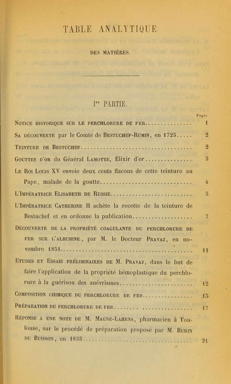 TABLE ANALYTIQUE DES MATIÈRES. T PARTIE. Pages. Notice historique sur le perchlorure de fer 1 Sa découverte par le Comte de Bestuchef-Rumin, en 1725 2 Teinture de Bestuchef 2 Gouttes d’or du Général Lamotte, Elixir d’or 5 Le Roi Louis XV envoie deux cents flacons de cette teinture au Pape, malade de la goutte 4 L’Impératrice Elisabeth de Russie 5 L’Impératrice Catherine II achète la recette de la teinture de Bestuchef et en ordonne la publication 7 Découverte de la propriété coagulante du perchlorure de fer sur l’albumine, par M. le Docteur Pravaz, en no- vembre 1851 * \ j Etudes et Essais préliminaires de M. Pravaz, dans le but de faire 1 application de la propriété hémoplastique du perchlo- rure à la guérison des anévrismes 12 Composition chimique du perchlorure de fer 15 Préparation du perchlorure de fer 17 Réponse a une note de M; Magne-Lahens, pharmacien à Tou- louse, sur le procédé de préparation proposé par M. Burin du Buisson, en 1853 2l