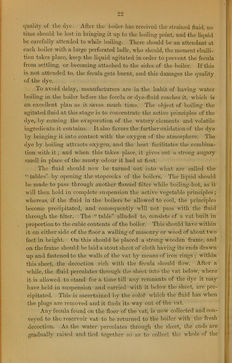 quality of the dye. After the boiler has received the strained fluid, no time should he lost in bringing it up to the boiling point, and the liquid be carefully attended to while boiling. There should be an attendant at each boiler with a large perforated ladle, who should, the moment ebulli- tion takes place, keep the liquid agitated in order to prevent the fecula from settling, or becoming attached to the sides of the boiler. If this is not attended to, the fecula gets burnt, and this damages the quality of the dye. To avoid delay, manufacturers are in the habit of having water boiling in the boiler before the fecula or dye-fluid reaches it, which is an excellent plan as it saves much time. The object of boiling the agitated fluid at this stage is to concentrate the active principles of the dye, by causing the evaporation of the. watery elements and volatile ingi'edients it contains. It also favors the further oxidation of the dye byr bringing it into contact with the oxygen of the atmosphere. The dye by boiling attracts oxygen, and the heat facilitates the combina- tion with it; and when this takes place, it gives out a strong sugary smell in place of the musty odour it had at first. The fluid should now be turned out into what are called the “ tables” by opening the stopcocks of the boilers. The liquid should be made to pass through another flannel filter while boiling-hot, as it will then hold in complete suspension the active vegetable principles; whereas, if the fluid in the boilers be allowed to cool, the principles become precipitated, and consequently will not pass with the fluid through the filter. The “ table” alluded to, consists of a vat built in proportion to the cubic contents of the boiler. This should have within it on either side of the floor a walling of masonry or wood of about two feet in height. On this should be placed a strong wooden frame, and on the frame should be laid a stout sheet of cloth having its ends drawn up and fastened to the walls of the vat by7 means of iron rings ; within this sheet, the decoction rich with the fecula should flow. After a while, the fluid percolates through the sheet into the vat below, where it is allowed to stand for a time till any remnants of the dye it may have held in suspension and carried with it below the sheet, are pre- cipitated. This is ascertained by the color which the fluid has when the plugs are removed and it finds its way out of the vat. Any fecula found on the floor of the vat, is now collected and con- veyed to the reservoir vat to be returned to the boiler with the fresh decoction. As the water pei'colates through the sheet, the ends are gradually raised and tied together so as to collect the whole of the