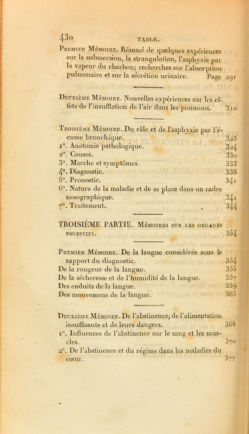 430 TABLE. Premier Mémoire. Résumé de quelques expériences sur la submersion, la strangulation, l’asphyxie par la vapeur du charbon; recherches sur l’absorption pulmonaire et sur la sécrétion urinaire. Page 291 Deuxième Mémoire. Nouvelles expériences sur les ef- fets de l’insufflation de l’air dans les poumons. 310 Troisième Mémoire. Du râle et de l’asphyxie par l’é- cume bronchique. 323 1°. Anatomie pathologique. 324 20. Causes. 33o 3°. Marche et symptômes. 333 4°. Diagnostic. 338 5°. Pronostic. 341 6°. Nature de la maladie et de sa place dans un cadre nosographique. 341 70. Traitement. t 344 TROISIÈME PARTIE. Mémoires sur les organes DIGESTIFS. 354 Premier Mémoire. De la langue considérée sous le rapport du diagnostic. 354 De la rougeur de la langue. 355 De la sécheresse et de l’humidité de la langue. 357 Des enduits de la langue. 35g Des mouvemens de la langue. 365 Deuxième Mémoire. De l’abstinence, de l’alimentation insuffisante et de leurs dangers. 368 i°. Influences de l’abstinence sur le sang et les mus- cles. 370 20. De l’abstinence et du régime dans les maladies du cœur. 377