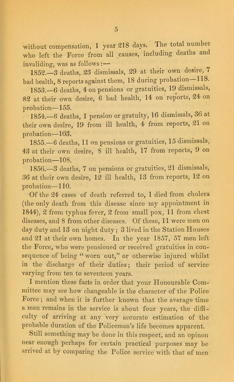 without compensation, 1 year 218 days. The total numbei who left the Force from all causes, including deaths and invaliding, was as follows:— 1852. —3 deaths, 23 dismissals, 29 at their own desire, 7 bad health, 8 reports against them, 18 during probation 118. 1853. —6 deaths, 4 on pensions or gratuities, 19^ dismissals, 82 at their own desire, 6 bad health, 14 on reports, 24 on probation—155. 1854. —6 deaths, 1 pension or gratuity, 16 dismissals, 36 at their own desire, 19 from ill health, 4 from reports, 21 on probation—103. 1855. —6 deaths, 11 on pensions or gratuities, 15 dismissals, 43 at their own desire, 8 ill health, 17 from reports, 9 on probation—108. 1856. —3 deaths, 7 on pensions or gratuities, 21 dismissals, 36 at their own desire, 12 ill health, 13 from reports, 12 on probation—110. Of the 24 cases of death referred to, 1 died from cholera (the only death from this disease since my appointment in 1844), 2 from typhus fever, 2 from small pox, 11 from chest diseases, and 8 from other diseases. Of these, 11 were men on day duty and 13 on night duty ; 3 lived in the Station Houses and 21 at their own homes. In the year 1857, 57 men left the Force, who were pensioned or received gratuities in con- sequence of being “worn out,” or otherwise injured whilst in the discharge of their duties; their period of service varying from ten to seventeen years. I mention these facts in order that your Honourable Com- mittee may see how changeable is the character of the Police Force; and when it is further known that the average time a man remains in the service is about four years, the difli- culty of arriving at any very accurate estimation of the probable duration of the Policeman’s life becomes apparent. Still something may be done in this respect, and an opinon near enough perhaps for certain practical purposes may be arrived at by comparing the Police service with that of men