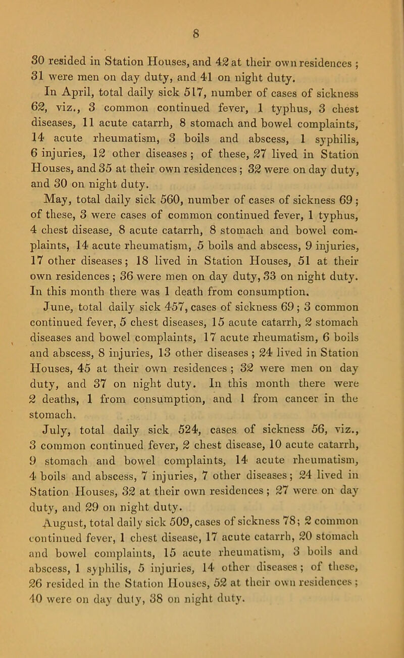 30 resided in Station Houses, and 42 at their own residences ; 31 W'ere men on day duty, and 41 on night duty. In April, total daily sick 517, number of cases of sickness 62, viz., 3 common continued fever, 1 typhus, 3 chest diseases, 11 acute catarrh, 8 stomach and bowel complaints, 14 acute rheumatism, 3 boils and abscess, 1 syphilis, 6 injuries, 12 other diseases ; of these, 27 lived in Station Houses, and 35 at their own residences; 32 were on day duty, and 30 on night duty. May, total daily sick 560, number of cases of sickness 69 ; of these, 3 were cases of common continued fever, 1 typhus, 4 chest disease, 8 acute catarrh, 8 stomach and bowel com- plaints, 14 acute rheumatism, 5 boils and abscess, 9 injuries, 17 other diseases; 18 lived in Station Houses, 51 at their own residences ; 36 w'ere men on day duty, 33 on night duty. In this month there was 1 death from consumption. June, total daily sick 457, cases of sickness 69 ; 3 common continued fever, 5 chest diseases, 15 acute catarrh, 2 stomach diseases and bowel complaints, 17 acute rheumatism, 6 boils and abscess, 8 injuries, 13 other diseases ; 24 lived in Station Houses, 45 at their own residences ; 32 were men on day duty, and 37 on night duty. In this month there were 2 deaths, 1 from consumption, and 1 from cancer in the stomach. July, total daily sick 524, cases of sickness 56, viz., 3 common continued fever, 2 chest disease, 10 acute catarrh, 9 stomach and bowel complaints, 14 acute rheumatism, 4 boils and abscess, 7 injuries, 7 other diseases; 24 lived in Station Houses, 32 at their own residences ; 27 were on day duty, and 29 on night duty. August, total daily sick 509, cases of sickness 78; 2 common continued fever, 1 chest disease, 17 acute catarrh, 20 stomach and bowel complaints, 15 acute rheumatism, 3 boils and abscess, 1 syphilis, 5 injuries, 14 other diseases; of these, 26 resided in the Station Houses, 52 at their own residences; 40 were on day duty, 38 on night duty.