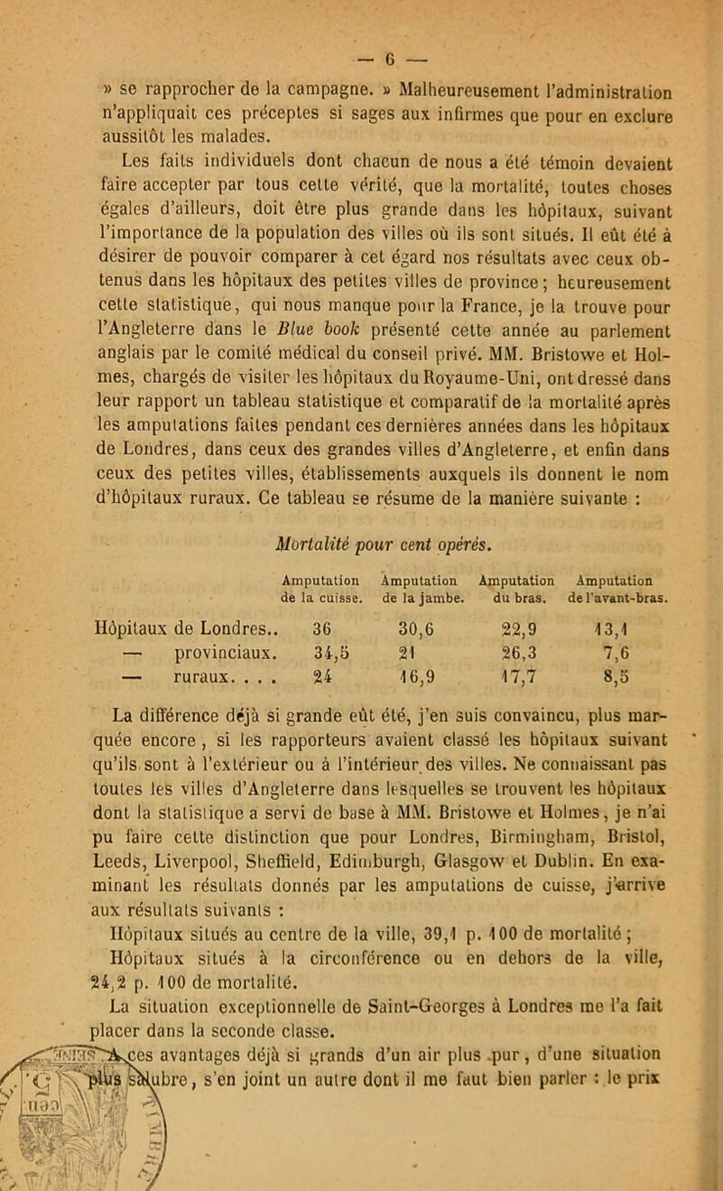 » se rapprocher de la campagne. » Malheureusement l’administration n’appliquait ces préceptes si sages aux infirmes que pour en exclure aussitôt les malades. Les faits individuels dont chacun de nous a été témoin devaient faire accepter par tous cette vérité, que la mortalité, toutes choses égales d’ailleurs, doit être plus grande dans les hôpitaux, suivant l’importance dè la population des villes où ils sont situés. Il eût été à désirer de pouvoir comparer à cet égard nos résultats avec ceux ob- tenus dans les hôpitaux des petites villes de province; heureusement celte statistique, qui nous manque pour la France, je la trouve pour l’Angleterre dans le Blue book présenté cette année au parlement anglais par le comité médical du conseil privé. MM. Bristowe et Hol- mes, chargés de visiter les hôpitaux du Royaume-Uni, ont dressé dans leur rapport un tableau statistique et comparatif de la mortalité après les ampulalions faites pendant ces dernières années dans les hôpitaux de Londres, dans ceux des grandes villes d’Angleterre, et enfin dans ceux des petites villes, établissements auxquels ils donnent le nom d’hôpitaux ruraux. Ce tableau se résume de la manière suivante : Mortalité pour cent opérés. Amputation Amputation Amputation Amputation de la cuisse. de la jambe. du bras. de l'avant-bras. Hôpitaux de Londres.. 36 30,6 22,9 13,1 — provinciaux. 34,5 21 26,3 7,6 — ruraux. . . . 24 16,9 17,7 8,5 La différence déjà si grande eût été, j’en suis convaincu, plus mar- quée encore, si les rapporteurs avaient classé les hôpitaux suivant qu’ils, sont à l’extérieur ou à l’intérieur des villes. Ne connaissant pas toutes les villes d’Angleterre dans lesquelles se trouvent les hôpitaux dont la statistique a servi de base à MM. Bristowe et Holmes, je n’ai pu faire cette distinction que pour Londres, Birmingham, Bristol, Leeds, Liverpool, Sheflield, Edimburgh, Glasgow et Dublin. En exa- minant les résultats donnés par les ampulalions de cuisse, j’-arrive aux résultats suivants : Hôpitaux situés au centre de la ville, 39,1 p. 100 de mortalité ; Hôpitaux situés à la circonférence ou en dehors de la ville, 24,2 p. 100 de mortalité. La situation exceptionnelle de Saint-Georges à Londres me l’a fait placer dans la seconde classe. déjà si grands d’un air plus .pur, d’une situation joint un autre dont il me faut bien parler ; le prix