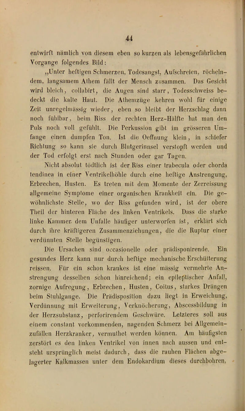 entwirft nämlich von diesem eben so kurzen als lebensgerälirlichen Vorgänge folgendes Bild: „Unter heftigen Schmerzen, Todesangst, Aufschreien, röcheln- dem, langsamem Alhern fällt der Mensch zusammen. Das Gesicht wird bleich, collabirt, die Augen sind starr, Todesschweiss be- deckt die kalte Haut. Die Alhemzüge kehren wohl für einige Zeit unregelmässig wieder, eben so bleibt der Herzschlag dann noch fühlbar, beim Riss der rechten Herz-Hälfte hat man den Puls noch voll gefühlt. Die Perkussion gibt im grösseren Um- fange einen dumpfen Ton. Ist die Oeffnung klein, in schiefer Richtung so kann sie durch Blutgerinnsel verstopft werden und der Tod erfolgt erst nach Stunden oder gar Tagen. Nicht absolut tödtlich ist der Riss einer trabecula oder chorda tendinea in einer Ventrikelhöhle durch eine heftige Anstrengung, Erbrechen, Husten. Es treten mit dem Momente der Zerreissung allgemeine Symptome einer organischen Krankheit ein. Die ge- wöhnlichste Stelle, wo der Riss gefunden wird, ist der obere Theil der hinteren Fläche des linken Ventrikels. Dass die starke linke Kammer, dem Unfälle häufiger unterworfen ist, erklärt sich durch ihre kräftigeren Zusammenziehungen, die die Ruptur einer verdünnten Stelle begünstigen. Die Ursachen sind occasionelle oder prädisponirende. Ein gesundes Herz kann nur durch heftige mechanische Erschütterung reissen. Für ein schon krankes ist eine mässig vermehrte An- strengung desselben schon hinreichend; ein epileptischer Anfall, zornige Aufregung, Erbrechen, Husten, Coitus, starkes Drängen beim Stuhlgänge. Die Prädisposition dazu liegt in Enveichung, Verdünnung mit Erweiterung, Verknöcherung, Absccssbildung in der Herzsubstanz, perforirendem Geschwüre. Letzteres soll aus einem constanl vorkommenden, nagenden Schmerz bei Allgemein- zufällen Herzkranker, vermuthet werden können. Am häufigsten zerstört es den linken Ventrikel von innen nach aussen und ent- steht ursprünglich meist dadurch, dass die rauhen Flächen abge- lagerter Kalkmassen unter dem Endokardium dieses durchbohren, -