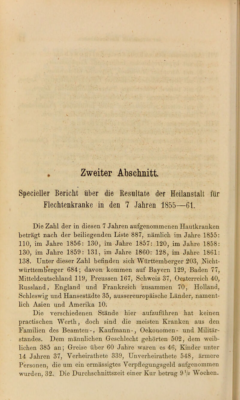 Zweiter Absclmitt. Specieller Bericht über die Resultate der Heilanstalt für Flechtenkranke in den 7 Jahren 1855—61. Die Zahl der in diesen 7 Jahren aufgenommenen Hautkranken beträgt nach der beiliegenden Liste 887, nämlich im Jahre 1855: 110, im Jahre 1856: 130, im Jahre 1857: 120, im Jahre 1858: 130, im Jahre 1859: 131, im Jahre 1860: 128, im Jahre 1861: 138. Unter dieser Zahl befinden sich Württemberger 203, Nicht- württemb'erger 684; davon kommen auf Bayern 129, Baden 77, Mitteldeutschland 119, Preussen 167, Schweiz 37, Oesterreich 40, Russland, England und Frankreich zusammen 70, Holland, Schleswig und Hansestädte 35, aussereuropäische Ländei*, nament- lich Asien und Amerika 10. Die verschiedenen Stände hier aufzuführen hat keinen practischen Werth, doch sind die meisten Kranken aus den Familien des Beamten-, Kaufmann-, Oekouomen- und Militär- standes. Dem männlichen Geschlecht gehörten 502, dem weib- lichen 385 an; Greise über 60 Jahi-e waren es 46, Kinder unter 14 Jahren 37, Verheirathete 339, Unverheirathete 548, ärmere Personen, die um ein ermässigtes Verpflegungsgeld aufgeuommen wurden, 32. Die Durchschnittszeit einer Kur betrug 9V2 Wochen.