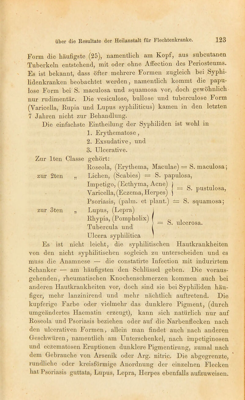 I Form die häufigste (25), namentlich am Kopf, aus subcutanen Tuberkeln entstehend, mit oder ohne Affection des Periosteums. Es ist bekannt, dass öfter mehrere Formen zugleich bei Syphi- lidenkranken beobachtet werden, namentlich ko^mmt die papu- löse Form bei S. maculosa und squamosa vor, doch gewöhnlich- nur rudimentär. Die vesiculose, bullöse und tuberculose Form (Varicella, Rupia und Lupus syphiliticus) kamen in den letzten 7 Jahren nicht zur Behandlung. Die einfachste Eintheilung der Syphiliden ist wohl in 1. Erythematose, 2. Exsudative, und 3. Ulcerative. = S. ulcerosa. Zur Iten Classe gehört: Roseola, (Erythema, Maculae) = S. maculosa; zur 2ten „ Lichen, (Scabies) = S. papulosa, Impetigo, (Ecthyma, Acne) J _ Varicella, (Eczema, Herpes) j “ P^^tuiosa, Psoriasis, (palm. et plant.) == S. squamosa; zur 3ten „ Lupus, (Lepra) Rhypia, (Pompholix) Tubercula und Ulcera syphilitica Es ist nicht leicht, die syphilitischen Hautkrankheiten von den nicht syphilitischen sogleich zu unterscheiden und es muss die Anamnese — die constatirte Infection mit indurirtem Schanker — am häufigsten den Schlüssel geben. Die voraus- gehenden, rheumatischen Knochenschmerzen kommen auch bei anderen Hautkrankheiten vor, doch sind sie bei Syphiliden häu- figer, mehr lanzinirend und mehr nächtlich auftretend. Die kupferige Farbe oder vielmehr das dunklere Pigment, (durch umgeändertes Haematin erzeugt), kann sich natüi’lich nur auf Roseola und Psoriasis beziehen oder auf die Narbenflecken nach den ulcerativen Formen, allein man findet auch nach anderen Geschwüren, namentlich am Unterschenkel, nach impetiginosen imd eczematosen Eruptionen dunklere Pigmentirung, zumal nach dem Gebrauche von Arsenik oder Arg. nitric. Die abgegrenzte, rundliche oder kreisförmige Anordnung der einzelnen Flecken hat Psoriasis guttata, Lupus, Lepra, Herpes ebenfalls aufzuweisen.