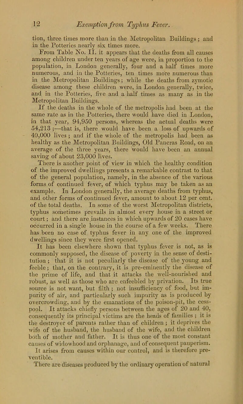 Exemption from Typhus Fever. tion, three times more than in the Metropolitan Buildings ; and in the Potteries nearly six times more. From Table No. II. it appears that the deaths from all causes among children under ten years of age were, in proportion to the population, in London generally, four and a lialf times more numerous, and in the Potteries, ten times more numerous than in the Metropolitan Buildings; while the deaths from zymotic disease among these children were, in London generally, twice, and in the Potteries, five and a half times as many as in the Metropolitan Buildings. If the deaths in the whole of the metropolis had been at the same rate as in the Potteries, there would have died in London, in that year, 94,950 persons, whereas the actual deaths were 54,213 ;—that is, there would have been a loss of upwards of 40,000 lives ; and if the whole of the metropolis had been as healthy as the Metropolitan Buildings, Old Pancras Road, on an average of the three years, there would have been an annual saving of about 23,000 lives. There is another point of view in which the healthy condition of the improved dwellings presents a remarkable contrast to that of the general population, namely, in the absence of the various forms of continued fever, of which typhus may be taken as an example. In London generally, the average deaths from typhus, and other forms of continued fever, amount to about 12 per cent, of the total deaths. In some of the worst Metropolitan districts, typhus sometimes prevails in almost every house in a street or court; and there are instances in which upwards of 20 cases have occurred in a single house in the course of a few weeks. There has been no case of typhus fever in any one of the improved dwellings since they were first opened. It has been elsewhere shown that typhus fever is not, as is commonly supposed, the disease of poverty in the sense of desti- tution ; that it is not peculiarly the disease of the jmung and feeble; that, on the contrary, it is pre-eminently the disease of the prime of life, and that it attacks the well-nourislied and robust, as well as those who are enfeebled by privation. Its true source is not want, but filth ; not insufficiency of food, but im- purity of air, and particularly such impurity as is produced by overcrowding, and by the emanations of the poison-pit, the cess- pool. It attacks chiefly persons between the ages of 20 and 40, consequently its principal victims are the heads of families ; it is the destroyer of parents rather than of children ; it deprives the wife of the husband, the husband of the wife, and the children both of mother and father. It is thus one of the most constant causes of widowhood and orphanage, and of consequent pauperism. It arises from causes within our control, and is therefore pre- ventible. There are diseases produced by the ordinary operation of natural