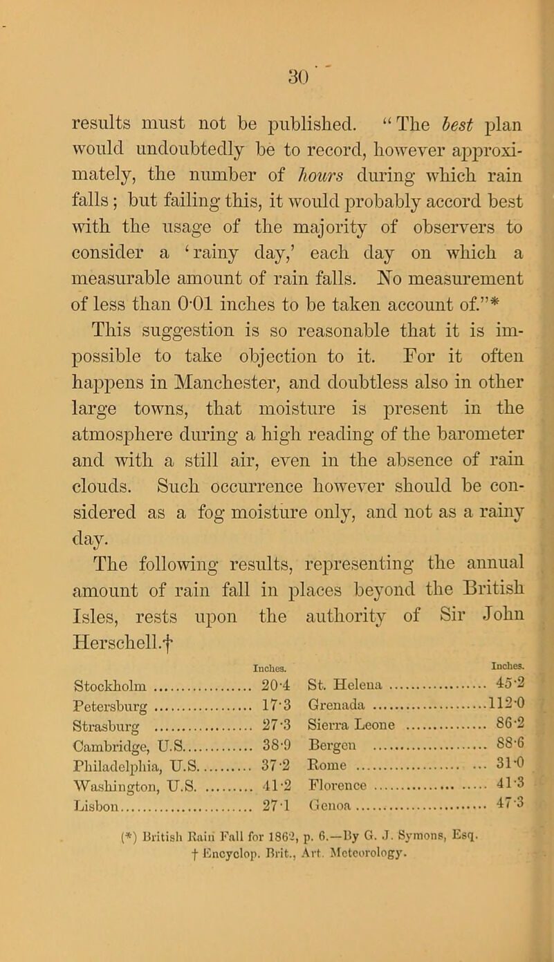 results must not be iDublished. “The best plan would undoubtedly be to record, however aj)j)roxi- mately, the number of hours during which rain falls ; but failing this, it would probably accord best vuth the usage of the majority of observers to consider a ‘ rainy day,’ each day on which a measurable amount of rain falls. No measurement of less than 0-01 inches to be taken account of.”* This suggestion is so reasonable that it is im- possible to take objection to it. For it often happens in Manchester, and doubtless also in other large towns, that moisture is present in the atmosphere during a high reading of the barometer and with a still air, even in the absence of rain clouds. Such occurrence however should be con- sidered as a fog moisture only, and not as a rainy day. The following results, rejDresenting the annual amount of rain fall in places beyond the British Isles, rests upon the authority of Sir John Herschell.f Stockholm Petersburg Strasburg Cambridge, U.S... Philadeljdiia, U.S. Washington, U.S. Lisbon Inches. Inches. 20'4 St. Helena 45'2 17'3 Grenada 112'0 27'3 Sierra Leone 86'2 , 38-9 Bergen 88'6 37’2 Rome 3L0 . 41'2 Florence 41'3 271 Genoa 47 3 (*) British Raiii Fall for 186‘i, p. 6.—By G. J. Symons, Esq. f Encyclop. Brit., -\rt. Meteorology.