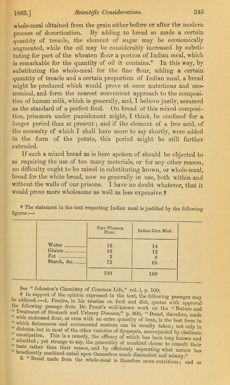 whole-meal obtained from the grain either before or after the modern process of decortication. By adding to bread so made a certain quantity of treacle, the element of sugar may be economically augmented, while the oil may be considerably increased by substi- tuting for part of the wheaten flour a portion of Indian meal, which is remarkable for the quantity of oil it contains.* In this way, by substituting the whole-meal for the fine flour, adding a certaiu quantity of treacle and a certain proportion of Indian meal, a bread might be produced which would prove at once nutritious and eco- nomical, and form tlie nearest convenient approach to the composi- tion of human milk, which is generally, and, I believe .justly, assumed as the standard of a perfect food. On bread of this mixed composi- tion, prisoners under punishment might, I think, be confined for a longer period than at present; and if the element of a free acid, of the necessity of which I shall have more to say shortly, were added in the form of the potato, this period might be still further extended. If such a mixed bread as is here spoken of should be objected to as requiring the use of too many materials, or for any other reason, no difiiculty ought to be raised in substituting brown, or whole-meal, bread for the white bread, now so generally in use, both within and without the walls of our prisons. I have no doubt whatever, that it would prove more wholesome as weU as less expensive.f * The statement in the text respecting Indian meal is justified by the following figures:— Water Fine Wheaten Hour. Indian Com Meal. 16 10 2 72 14 12 8 65 Gluten Fat Starch, &c 100 100 See “ Johnston’s Chemistry of Common Life,” vol. i, p. 100. + In support of the opinion expressed in the text, the following passages may bo adduced1. Pereira, in his treatise on food and diet, quotes with approval well-known work on the “ Nature and ‘ Treatment of Stomach and Urinary Diseases,” p. 300, “ Bread, therefore, made with undressed flour, or even with an extra quantity of bran, is the best form in which farmaceous and excremental matters can be usually taken; not onlv in diabetes but m most of the other varieties of dyspepsia, accompanied by obstinate ronstipation. This is a remedy, the efficacy of which has been long known and admtted; yet strange to say, the generality of mankind choose to consult their reason, and by officiously separating what nature has beneficently combined entail upon themselves much discomfort and misery ” Bread made from the whole-meal is therefore more nutritious; and as