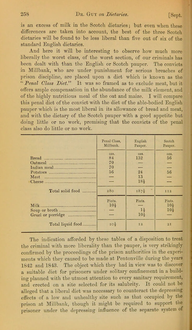 is an excess of milk in tlie Scotcli dietaries; but even when these differences are taken into account, the best of the three Scotch dietaries will be found to be less liberal than five out of six of the standard English dietaries. And here it will be interesting to observe how much more liberally the worst class, of the worst section, of our criminals has been dealt with than the English or Scotch pauper. The convicts in MiUbank, who are under punishment for serious breaches of prison discipline, are placed upon a diet which is known as the “ Penal Class Diet. It was so framed as to exclude meat, but it offers ample compensation in the abundance of the milk element, and of the highly nutritious meal of the oat and maize. I will compare this penal diet of the convict with the diet of the able-bodied English pauper which is the most liberal in its allowance of bread and meat, and with the dietary of the Scotch pauper with a good appetite but doing little or no work, premising that the convicts of the penal class also do little or no work. Penal Class, Millbank. English Pauper. Scotch Pauper. ozs. OZS. OZS. Bread 84 132 56 Oatmeal 70 — — Indian meal 70 — — Potatoes 56 24 56 Meat — 13 — Cheese — 18i — Total solid food 280 187-5 II2 Pints. Pints. Pints. Milk 10^ — 10^ Soup or broth — H 104 Gruel or porridge — 10^ — Total liquid food 1O5 12 21 The indication afforded by these tables of a disposition to treat the criminal with more liberality than the pauper, is very strikingly confirmed by the proceedings of the prison authorities in the experi- ments which they caused to be made at Pentouville during the years 1842 and 1843. The object which they had in view was to discover a suitable diet for prisoners under solitary confinement in a build- ing planned with the utmost attention to every sanitary requirement, and erected on a site selected for its salubrity. It could not be alleged that a liberal diet was necessary to counteract the depressing effects of a low and unhealthy site such as that occupied by the prison at Mill bank, though it might be required to support the prisoner under the depressing influence of tlie separate system of