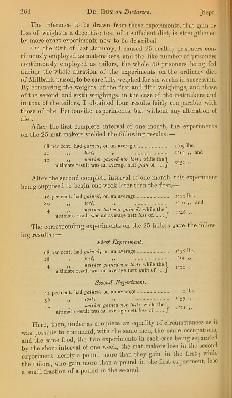 The inference to be drawn from these experiments, that gain or loss of weight is a deceptive test of a sufficient diet, is strengthened by more exact experiments now to be described. On the 29th of last January, I caused 25 healthy prisoners con- tinuously employed as mat-makers, and tbe like number of prisoners continuously employed as tailors, the whole 50 prisoners being fed during the whole duration of the experiments on the ordinary diet of Millbank prison, to be carefully weighed for six weeks in succession. By comparing the weights of the first and fifth weighings, and those of the second and sixth weighings, in the case of the matmakers and in that of the tailors, I obtained four results fairly comparable with those of the Pentonville experiments, but without any alteration of diet. After the first complete interval of one month, the experiments on the 25 mat-makers yielded the following results:— 68 per cent, had gained, on an average 20 If lostf ,, 12 ,, neither gained nor lost; while the ultimate result was an average nett gain of .... j I'09 lbs. 1-15 „ and 0-51 „ After the second complete interval of one month, this experiment being supposed to begin one week later than the first,— 16 per cent, had gained, on an average z’l 2 lbs. 80 ,, lost, „ 2-10 ,, and 4 „ neither lost nor gained: while the \ ^ g ultimate result was an average nett loss of. J t ” The corresponding experiments on the 25 tailors gave the follow- ing results:— First Experiment. 68 per cent, had gained, on an average i‘98 lbs. 28 „ lost, „ i‘i4 „ 4 ,, neither gained nor lost: viMAe \he\ ultimate result was an average nett gain of .... J Second Experiment. 32 per cent, had gained, on an average 2 lbs. 56 „ lost, „ I'59 » jj neither gained nor lost: while the 1 ultimate result was an average nett loss of J Here, then, under as complete an equahty of circumstances as it was possible to command, with the same meu, the same occupations, and the same food, the two experiments in each case being separated by the short interval of one week, the mat-makers lose in the second experiment nearly a pound more than they gain in the first; while the tailors, who gain more than a pound in the first experiment, lose a small fraction of a pound in the second.