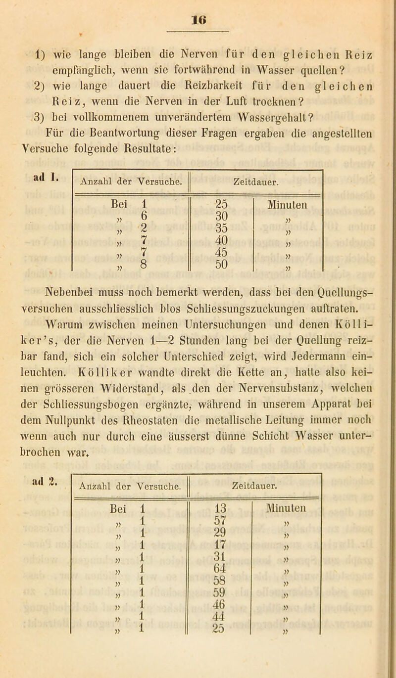 1) wie lange bleiben die Nerven für den gleichen Reiz einpränglich, wenn sie fortwährend in Wasser quellen? 2) wie lange dauert die Reizbarkeit für den gleichen Reiz, wenn die Nerven in der Luft trocknen? 3) bei vollkommenem unverändertem Wassergehalt? Für die Beantwortung dieser Fragen ergaben die angestellten Versuche folgende Resultate: Anzahl der Versuche. Zeitdauer. Bei 1 25 Minuten » 6 30 » „ 2 35 » U 7 40 » „ 7 45 >, 8 50 » Nebenbei muss noch bemerkt werden, dass bei den Quellungs- versuchen ausschliesslich blos Schliessungszuckungen auftraten. Warum zwischen meinen Untersuchungen und denen Kölli- ker’s, der die Nerven 1—2 Stunden lang bei der Ouellung reiz- bar fand, sich ein solcher Unterschied zeigt, wird Jedermann ein- leuchten. KÖllik er wandte direkt die Kette an, hatte also kei- nen grösseren Widerstand, als den der Nervensubstanz, welchen der Schliessungsbogen ergänzte, während in unserem Apparat bei dem Nullpunkt des Rheostalen die metallische Leitung immer noch wenn auch nur durch eine äusserst dünne Schicht Wasser unter- brochen war. Anzahl der Versuche. Zeitdauer. Bei 1 13 Jlinuten u 1 57 >, 1 29 » „ i 17 » » 1 31 » „ 1 64 » >, i 58 » » 1 59 » u 1 46 » „ 1 44 » „ 1 25 »