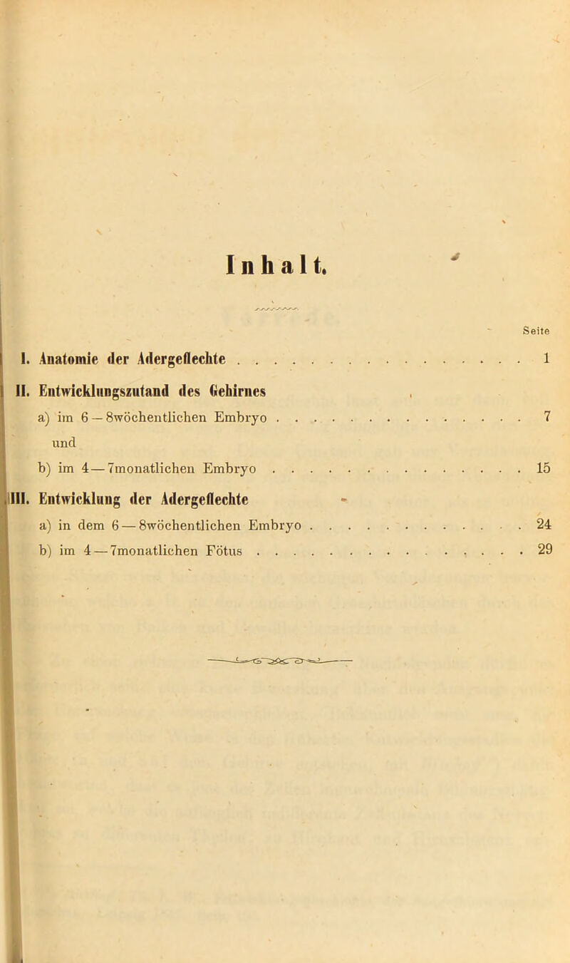 Inhalt. Seite I. Anatomie «1er Adergeflechte 1 i II. Entwickliingszutand des Gehirnes a) im 6 — Swöchentlichen Embryo 7 und b) im 4 — Tmonatlichen Embryo 15 llll. Entwicklung der Adergeflechte Ia) in dem 6 — Swöchentlichen Embryo 24 b) im 4 — Tmonatlichen Fötus 29