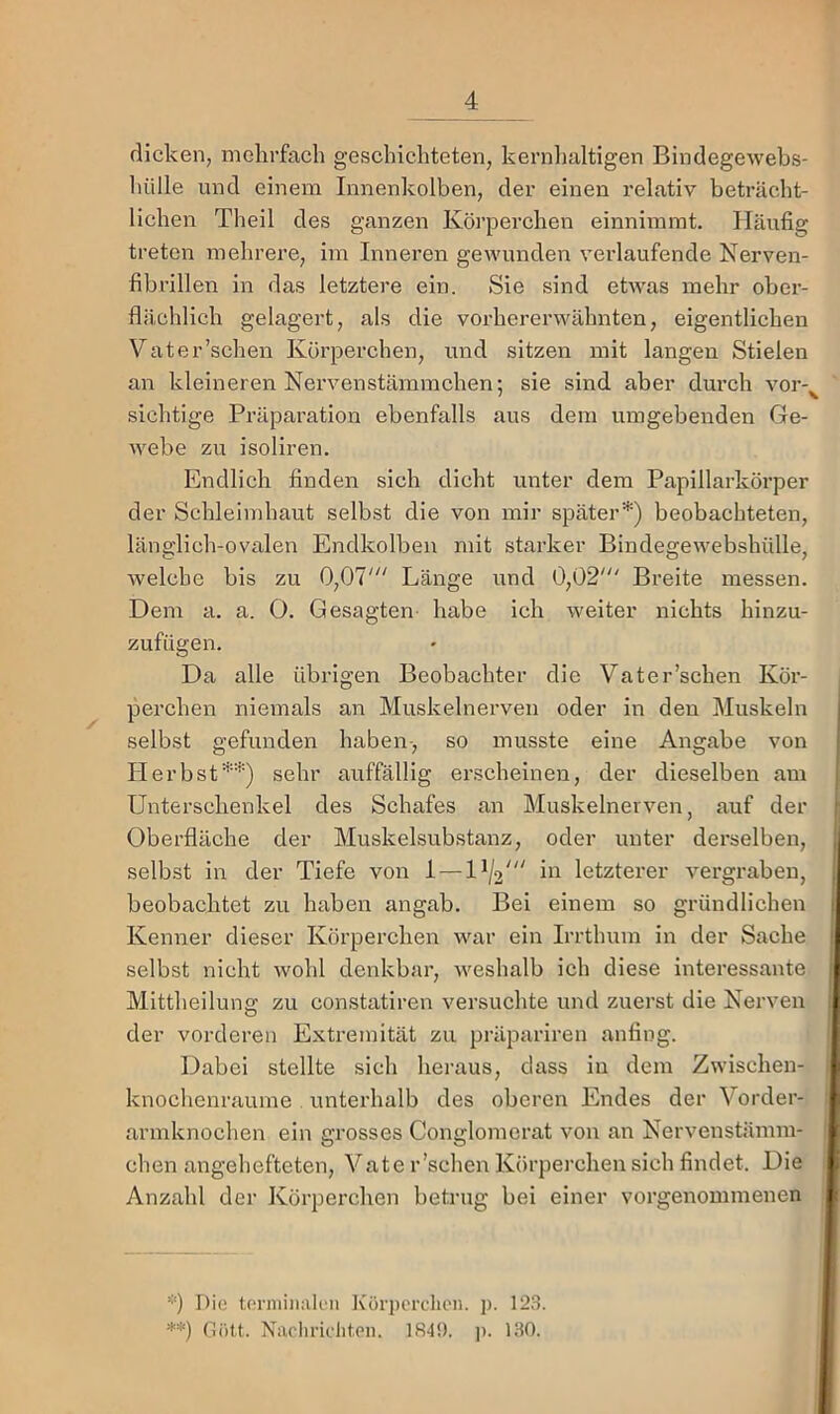 dicken, mehrfach geschichteten, kernhaltigen Bindegewebs- hülle und einem Innenkolben, der einen relativ beträcht- lichen Theil des ganzen Körperchen einnimmt. Häufig treten mehrere, im Inneren gewunden verlaufende Nerven- fibrillen in das letztere ein. Sie sind etwas mehr ober- flächlich gelagert, als die vorhererwälmten, eigentlichen Vater’schen Körperchen, und sitzen mit langen Stielen an kleineren Nervenstämmchen; sie sind aber durch vor-^ sichtige Präparation ebenfalls aus dem umgebenden Ge- webe zu isoliren. Endlich finden sich dicht unter dem Papillarkörper der Schleimhaut selbst die von mir später*) beobachteten, länglich-ovalen Endkolben mit starker Bindegewebshülle, welche bis zu 0,07' Länge und 0,02' Breite messen. Dem a. a. O. Gesagten habe ich weiter nichts hinzu- zufügen. Da alle übrigen Beobachter die Vater’schen Kör- perchen niemals an Muskelnerveii oder in den Muskeln selbst gefunden haben-, so musste eine Angabe von Herbst**) sehr auffällig ei’schelnen, der dieselben am Unterschenkel des Schafes an Muskelnevven, auf der Oberfläche der Muskelsubstanz, oder unter derselben, selbst in der Tiefe von 1 — hi letzterer vergraben, beobachtet zu haben angab. Bel einem so gründlichen Kenner dieser Körperchen war ein Irrthum in der Sache selbst nicht wohl denkbar, weshalb ich diese interessante Mittheilung zu constatlren versuchte und zuerst die Nerven der vorderen Extremität zu präpariren anfing. Dabei stellte sich heraus, dass in dem Zwischen- ) knochenraume . unterhalb des oberen Endes der Vorder- | armknochen ein grosses Conglomerat von an Nervenstämra- | eben angehefteten, Vate r’schen Körperchen sich findet. Die ,■ Anzahl der Körperchen betrug bei einer vorgenommenen [ '■') Die tmiiiiiak'ii Körpcrclioii. p. 123. **) rüitt. Nacliriditen. 1S4!). ]). 130.