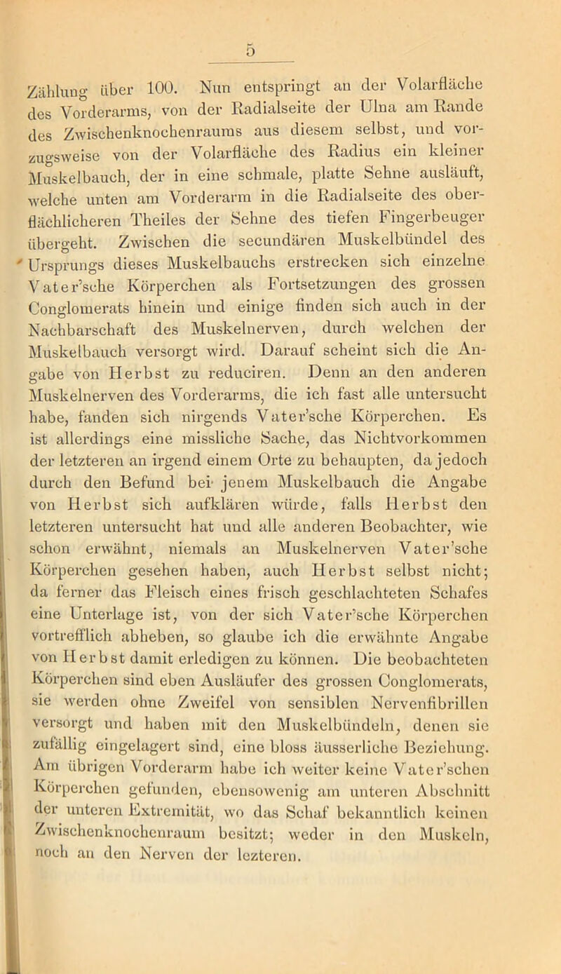 o Zählung über 100. Nun entspringt an der Volarfläche des Vorderarms, von der Kadialseite der Ulna am Bande des Zwischenknochenraums aus diesem selbst, und vor- zuo-sweise von der Volarfläche des Radius ein kleiner Muskelbauch, der in eine schmale, platte Sehne ausläuft, welche unten am Vorderarm in die Radialseite des ober- flächlicheren Theiles der Sehne des tiefen Fingerbeuger übergeht. Zwischen die secundären Muskelbündel des Ursprungs dieses Muskelbauchs erstrecken sich einzelne Vater’sche Körperchen als Fortsetzungen des grossen Conglomerats hinein und einige finden sich auch in der Nachbarschaft des Muskelnerven, durch welchen der Muskelbauch versorgt wird. Darauf scheint sich die An- gabe von Herbst zu reduciren. Denn an den anderen Muskelnerven des Vorderarms, die ich fast alle untersucht habe, fänden sich nirgends Vater’sche Körperchen. Es ist allei’dings eine missliche Sache, das Nichtvorkommen der letzteren an irgend einem Orte zu behaupten, da jedoch durch den Befund bei- jenem Muskelbauch die Angabe von Herbst sich aufklären würde, falls Herbst den letzteren untersucht hat und alle anderen Beobachter, wie schon erwähnt, niemals an Muskelnerven Vater’sche Körperchen gesehen haben, auch Herbst selbst nicht; da ferner das Fleisch eines frisch geschlachteten Schafes eine Unterlage ist, von der sich Vater’sche Körperchen vortrefflich abheben, so glaube ich die erwähnte Angabe von Herbst damit erledigen zu können. Die beobachteten Körperchen sind eben Ausläufer des grossen Conglomerats, sie werden ohne Zweifel von sensiblen Nervenfibrillen versorgt und haben mit den Muskelbündeln, denen sie zufällig eingelagert sind, eine bloss äusserliche Beziehung. Am übrigen Vorderarm habe ich weiter keine Vater’schen Körperchen gefunden, ebensowenig am unteren Abschnitt der unteren Extremität, wo das Schaf bekanntlich keinen Zwischenknochenraum besitzt; weder in den Muskeln, noch an den Nerven der lezteren.