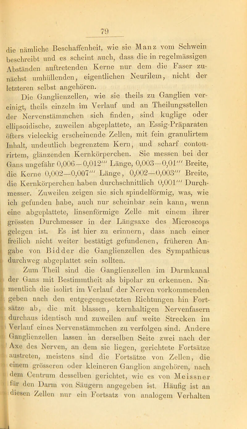 die nämliche Beschaffenheit, wie sie Manz vom Schwein beschreibt und es scheint auch, dass die in regelmässigen Abständen auftretenden Kerne nur dem die Faser zu- nächst umhüllenden, eigentlichen Neurilem, nicht der letzteren selbst angehören. Die Ganglienzellen, wie sie theils zu Ganglien ver- einigt, theils einzeln im Verlauf und an Theilungsstellen der Nervenstämmchen sich finden, sind kuglige oder ellipsoidische, zuweilen abgeplattete, an Essig-Präparaten öfters vieleckig erscheinende Zellen, mit fein granulirtem Inhalt, undeutlich begrenztem Kern, und scharf coutou- rirtem, glänzenden Kernkörperchen. Sie messen bei der Gans ungefähr 0,006 — 0,012' Länge, 0,003—0,01' Breite, die Kerne 0,002—0,007' Länge, 0,002—0,003' Breite, die Kernkörperchen haben durchschnittlich 0,001' Durch- messer. Zuweilen zeigen sie sich spindelförmig, was, wde ich gefunden habe, auch nur scheinbar sein kann, wenn eine abgeplattete, linsenförmige Zelle mit einem ihrer 1 grössten Durchmesser in der Längsaxe des Microscops ) gelegen ist. Es ist hier zu erinnern, dass nach einer freilich nicht w'eiter bestätigt gefundenen, früheren An- ( gäbe von Bidder die Ganglienzellen des Sympathicus u durchweg abgeplattet sein sollten. Zum Theil sind die Ganglienzellen im Darmkanal L; der Gans mit Bestimmtheit als bipolar zu erkennen. Na- % mentlich die isolirt im Verlauf der Nerven vorkommenden d geben nach den entgegengesetzten Ilichtungen hin Fort- s; Sätze ab, die mit blassen, kernhaltigen Nervenfasern ’t durchaus identisch und zuweilen auf weite Strecken im I Verlauf eines Nervenstämmchen zu verfolgen sind. Andere Ganglienzellen lassen an derselben Seite zwei nach der j Axe des Nerven, an dem sic liegen, gerichtete Fortsätze I austreten, meistens sind die Fortsätze von Zellen, die •: einem grösseren oder kleineren Ganglion angchören, nach I dem Centrum desselben gerichtet, wie es von hleissncr ' tür den Darm von Säugern angegeben ist. Häufig ist an >• diesen Zellen nur ein Fortsatz von analogem Verhalten