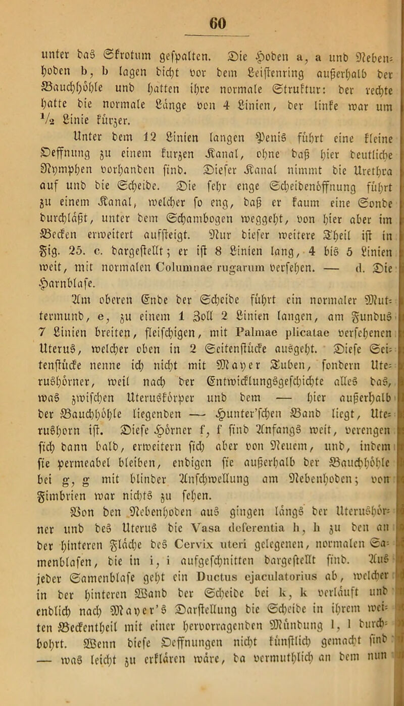 unter baS ©frotum gefpalten. Sic £oben a, a unb Siebern l;oben b, b lagen bid)t vor bem Seijtenring außerhalb ber Bauchhöhle unb hatten ihre normale Struktur: ber rechte hatte bie normale Sange von 4 Sinien, ber linfe mar um V*2 ßinie fürjer. Unter bem 12 Sinten langen $)ettiS fuhrt eine Heine SDeffnung 51t einem furjen «Kanal, ohne baß hier deutliche Sipmphen vorhanden find. Siefcr Jtanal nimmt bie Urethra auf unb bie (Scheibe. Sie feljr enge ©dieibenoffnung fuhrt 51t einem Jlanal, welcher fo eng, baß er faum eine ©onbe burchlaßt, unter bem ©chambogen meggeht, von hier aber im Becfen erweitert aufjleigt. Stur biefer weitere $heil ift in gig. 25. c. bargcftcllt; er ift 8 Sinten lang, 4 bis 5 Linien weit, mit normalen Columnae rugarum verfehen. — d. Sie £>arnblafe. 2fm oberen (Sude ber ©djeibe fuhrt ein normaler SD?ut= termunb, e, 511 einem 1 Soll 2 ßinien langen, am gunbuS 7 Sinien breiten, fleifd)igen, mit Palmae plicatae verfchencn UteruS, welcher oben in 2 ©citenftütf’e auSgel)t. Sicfe ©cn tenftücfe nenne ich nid;t mit SJiaper SSubeit, fonbern Ute= ruSßörner, weit nad) ber (5'ntwicftungögefcl;id?te alles baS, waS jmifchen UteruSforper unb bem -— hier außerhalb ber Baud)I)bhte liegenben — .Jpunter’fchen Band liegt, Utc-- ruSßorn ift. Siefe £>6rncr f, f ftnb 2tnfangS wett, mengen ftch bann halb, erweitern ftd; aber oon Steuern, unb, inbem fte permeabel bleiben, enbigen fte außerhalb ber Bauchhöhle bei g, g mit blinber 2lnfd)metlung am Siebenhoben; oon gimbrien war nid)fS 511 feßen. Bon ben Siebcttboben auS gingen IditgS ber UteruSßm ncr unb beS UtcruS bie Vasa deferentia h, h ju ben an ber hinteren glddje beS Cervix uteri gelegenen, normalen ©a; menblafen, bie in i, i aufgefchnitten bargeftellt ftnb. 2luS jeber ©amettblafe gcl)t ein Ductus ejaeulatorius ab, welcher in ber hinteren SBanb ber ©chcibe bei k, k verlauft unb cnblich nach SDiaper’S Saifellung bie ©cheibe in ihrem men ten Becfentheil mit einer hcvoorragenbcti SDtunbung 1, 1 burch= bohrt. SBenn biefe £)effnungen nicht fünjtlid) gemacht ftnb — waS leicht ju crfldren wäre, ba t>ermutl;lirf> an bem nun