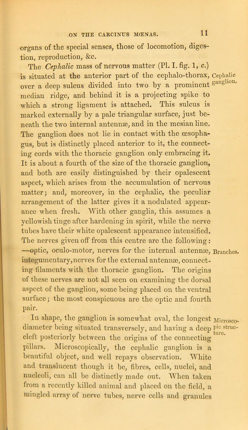 organs of the special senses, those of locomotion, diges- tion, reproduction, &c. The Cephalic mass of nervous matter (PI. I. fig. 1, c.) is situated at the anterior part of the cephalo-thorax, Cephalic over a deep sulcus divided into two by a prominent eanShcm- median ridge, and behind it is a projecting spike to which a strong ligament is attached. This sulcus is marked externally by a pale triangular surface, just be- neath the two internal antennae, and in the mesianline. The ganglion does not lie in contact with the oesopha- gus, but is distinctly placed anterior to it, the connect- ing cords with the thoracic ganglion only embracing it. It is about a fourth of the size of the thoracic ganglion, and both are easily distinguished by their opalescent aspect, which arises from the accumulation of nervous matter; and, moreover, in the cephalic, the peculiar arrangement of the latter gives it a nodulated appear- ance when fresh. With other ganglia, this assumes a yellowish tinge after hardening in spirit, while the nerve tubes have their white opalescent appearance intensified. The nerves given off from this centre are the following : —optic, oculo-motor, nerves for the internal antennre, Branches, integumentary, nerves for the external antennae, connect- ing filaments with the thoracic ganglion. The origins of these nerves are not all seen on examining the dorsal aspect of the ganglion, some being placed on the ventral surface; the most conspicuous are the optic and fourth pair. In shape, the ganglion is somewhat oval, the longest Microsco- diameter being situated transversely, and having a deep l'ie struc- cleft posteriorly between the origins of the connecting pillars. Microscopically, the cephalic ganglion is a beautiful object, and well repays observation. White and translucent though it be, fibres, cells, nuclei, and nucleoli, can all be distinctly made out. When taken from a recently killed animal and placed on the field, a mingled array of nerve tubes, nerve cells and granules