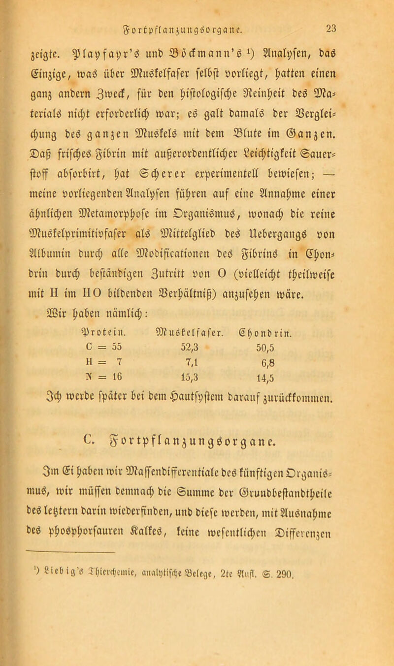 jei'gte. ^Iapfai;r’ö unt> 33ücfniann’ö 5lnah;fen, baö ©njtge, wai über 9)?it^fetfafcr fetbji ijorltegt, Ratten einen ganj anbern fwi-' t>en pipo(o9tfü;e 9^ein^e^^ beö 3)?a* terid^ nid;t evfovberltc^ tt)ar; e^ goU bmnalö ber Sßergtet^ d;ung beö ganjen 93?uefels5 mit bem 35fute tm ®anjen. 2Dap frifc^eö gtbrtn mit auferorbentIid;er Setd;tigfett ©auer^ fioff abforlnrt, ^at ©euerer erpen'menteK beWtefen; — meine »ortiegenben 2lnati;fen führen auf eine Slnnafime einer ä^nlidjen 9)?etamür^3|)ofe im Drgani^muö, monaü; bie reine 5}?uefet^rimiti»fafer alö 3)?iüelglieb be^ Uebergangö yon SKbumin burci; aüe 9)?obificaHonen beö gibrin^ in df)on=* brin burÜ; beftänbigen 3wivi(t von 0 (yieüeic[;t tfieilmeifc mit H tm HO bilbenben 33er!^äUnip) anjufepen märe. 2Bir Ijaben nämtid;: Protein. Wuöf etfafcr. Sbonbrin. C = 55 52,3 50,5 H = 7 7,1 6,8 N = 16 15,3 14,5 3d) werbe fpäter bei bem ^lautfpftem baroiif aitrücffommen. C. g^ort^jflonsungöorgane. 3m di fiaben mir 9Jtajfenbiffcrcntiate bed fünftigcnOrganiß^ mud, mir müjfen bemnarf; bie ©umme ber ©ruiibbeflanbt^eile bed le^tern barin mieberjtnben, unb biefe merben, mitSluöna^me bed p^oö^j^orfauren Ä^atfeö, feine mefentlicpcn ®iffcvcn3cn ') Sicbig’ö TOlcvcftmic, miah;lifc^c üöelegc, 2lc Sliifl. @.290.