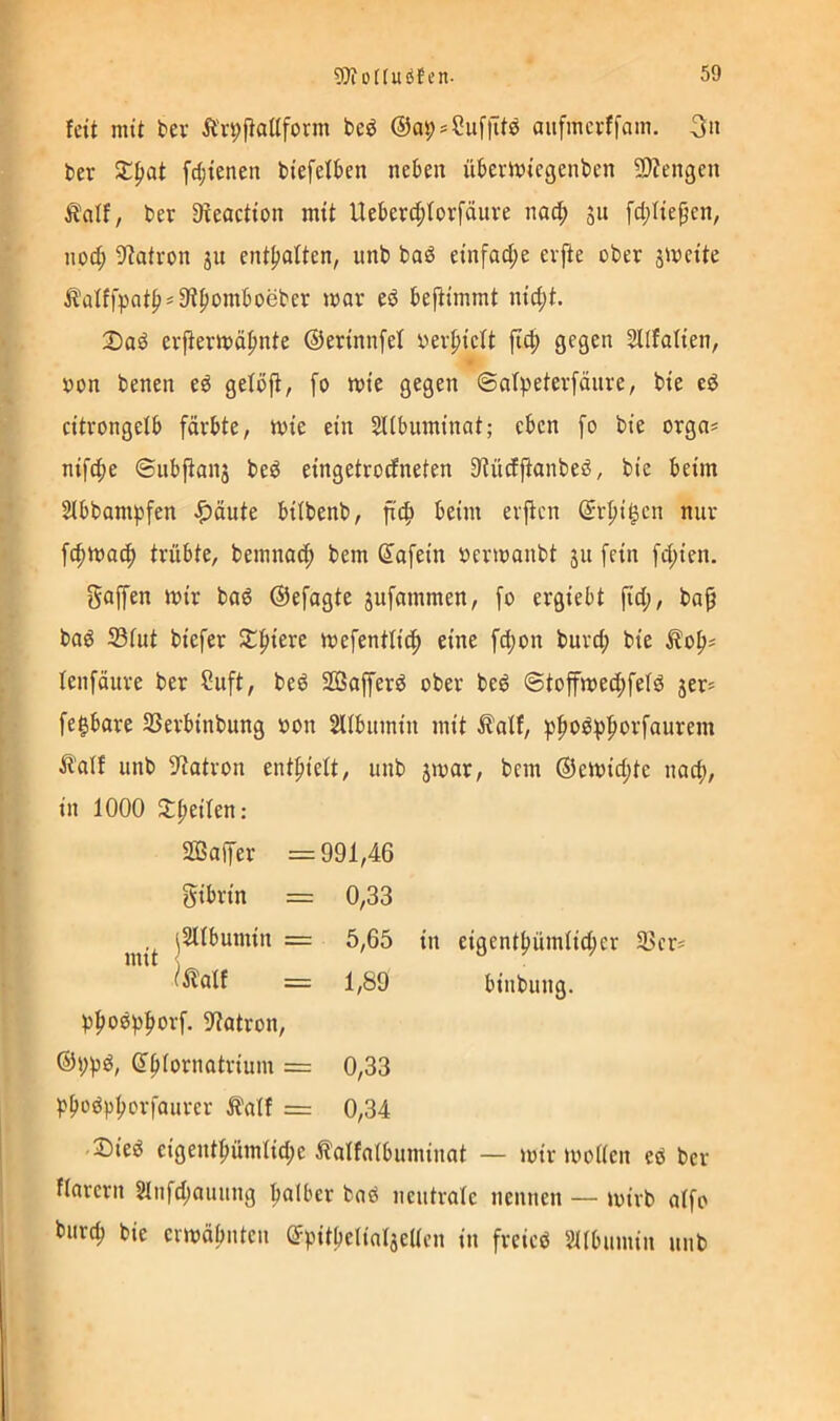 feit mit bei- Ä'rpjtallform beö ©a^s^ufiTte aitfmcvffain. ber Sl|)at fd;tenen btefefben neben überiniegenben 9)?engcn Äalf, ber Dteaction mit Ueberd;torfäure nac^) ju fdjliepen, nod; 9?atron ju entsaften, unb boö einfad;e evfie ober jmeite Ä'afffpat^*9?|iomboeber mar ed befiimmt nid;t. 2)ad erftertt)ö|mte ©erinnfef verlieft fi^ gegen Sllfafien; »on benen eö geföjt, [o mie gegen ©alpeterfdiire, bie cö citrongefb fövbte, mie ein SUbiiminat; eben [o bie orga# nifc^e ®ubfian3 beö eingetroefneten S'iüdftanbeö, bie beim Sibbampfen ^äute bilbenb, fic^ beim evfien ©rpi|cn nur fc^mac|) trübte, bemnac^ bem Unfein »ermanbt 311 fein fd;ien. gapn mir bad ©efagte 3ufammen, [0 ergiebt fid;, bap bad S3fut biefer ^i^iere mefentfic^ eine fd;on burd; bie fenfüure ber ?uft, bed SöSofferö ober bcö @toffmed;fefö 3er* fegbare SSerbinbung oon SUbumin mit ^?aff, p^oö^fiorfaurem ^l'aff unb S'iatron entlieft, unb 3mar, bem ®emid;tc naef), in 1000 Steifen: SQSoffer =991,46 gibrin = 0,33 mit eigentl>ümlid;er 35er? (^lalf = 1,89 biubung. p^o0^)^orf. 9tatron, ®s;pd, dfdornatrium = 0,33 pfiodp^orfaurer ^alf = 0,34 2Die6 cigentf)ümfid;e ^alfalbuminat — mir moden ed ber ffarern 21nfd;auung l^alber bad ncutrole nennen — mirb affo burc^ bie ermäbnten ®pitbelinl3eüen in freied SUbumin unb