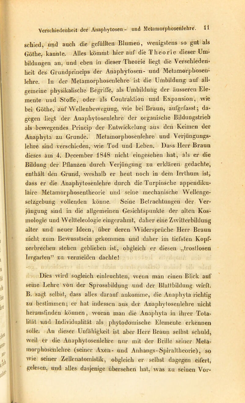 schied, und auch die gefüllten Blumen, wenigstens so gut als Göthe, kannte. Alles kömmt hier auf die Theorie dieser Um- bildungen an, und eben in dieser Theorie liegt die Verschieden- heit des Grundprincips der Anaphytosen- und Metamorphosen- lehre. In der Melamorphosenlehre ist die Umbildung auf all- gemeine physikalische Begriffe, als Umbildung der äusseren Ele- mente und Stoffe, oder als Contraldion und Expansion, wie bei Göthe, auf Wellenbewegung, wie bei Braun, aufgefasst; da- gegen liegt der Anaphytosenlehre der organische Bildungstrieb als bewegendes Princip der Entwickelung aus den Keimen der Anaphyta zu Grunde. Metamorphosenlehrc und Verjünguugs- lehre sind verschieden, wie Tod und Leben. Dass Herr Braun dieses am 4. December 1848 nicht eingesehen hat, als er die Bildung der Pflanzen durch Verjüngung zu erklären gedachte, enthält den Grund, weshalb er heut noch in dem Irrthum ist, dass er die Anaphytosenlehre durch die Turpinsche appendiku- laire Metamorphosentheorie und seine mechanische Wellenge- selzgebung vollenden könne. Seine Betrachtungen der Ver- jüngung sind in die allgemeinen Gesichtspunkte der alten Kos- mologie und Weltteleologie eingcrahmt, daher eine Zwitterbildung alter und neuer Ideen, über deren Widersprüche Herr Braun nicht zum Bewusstsein gekommen und daher im tiefsten Kopf- zerbrechen stehen geblieben ist, obgleich er diesen „trostlosen Irrgarten” zu vermeiden dachte! Dies wird sogleich einleuchtcn, wenn man einen Bück auf seine Lehre von der Sprossbilduug und der Blattbildung wirft. B. sagt selbst, dass alles darauf ankonime, die Anaphyta richtig zu bestimmen; er hat indessen aus der Anaphytosenlehre nicht hcrausfindcu können, woran man die Anaphyta in ihrer Tota- lität und Individualität als phylodomischc Elemente erkennen solle. An dieser Unfähigkeit ist aber Herr Braun selbst schuld, weil er die Anaphytosenlehre nur mit der Brille seiner Mcla- lnorphoscnlchrc (seiner Axeu- und Anhangs-Spiraltheorie), so wie seiner Zellcnatomislik, obgleich er selbst dagegen eifert, gelesen, und alles dasjenige übersehen hot, was zu seinen Vor-