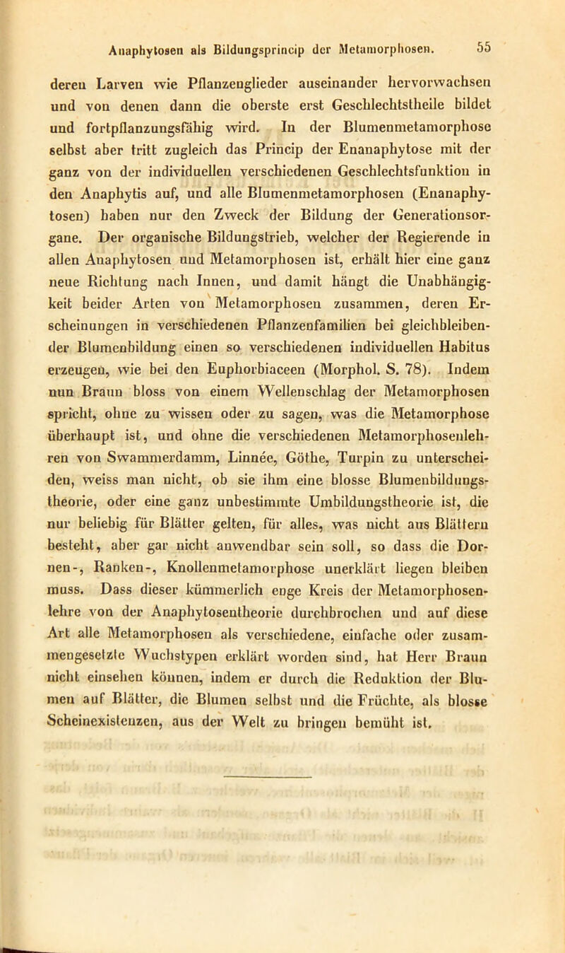 deren Larven wie Pflanzenglieder auseinander hervorwachsen und von denen dann die oberste erst Geschlechtstheile bildet und fortpflanzungsfähig wird. In der Blumenmetamorphose selbst aber tritt zugleich das Princip der Enanaphytose mit der ganz von der individuellen verschiedenen Geschlechtsfunktion in den Anaphytis auf, und alle Blumenmetamorphosen (Enanaphy- tosen) haben nur den Zweck der Bildung der Generationsor- gane. Der organische Bildungstrieb, welcher der Regierende in allen Anaphytosen und Metamorphosen ist, erhält hier eine ganz neue Richtung nach Innen, und damit hängt die Unabhängig- keit beider Arten von Metamorphosen zusammen, deren Er- scheinungen in verschiedenen Pflanzenfamilien bei gleichbleiben- der Blumenbildung einen so verschiedenen individuellen Habitus erzeugen, wie bei den Euphorbiaceen (Morphol. S. 78). Indem nun Braun bloss von einem Wellenschlag der Metamorphosen spricht, ohne zu wissen oder zu sagen, was die Metamorphose überhaupt ist, und ohne die verschiedenen Metamorphosenleh- ren von Swammerdamm, Linnee, Göthe, Turpin zu unterschei- den, weiss man nicht, ob sie ihm eine blosse Blumeubildungs- theorie, oder eine ganz unbestimmte Umbildungstheorie ist, die nur beliebig für Blätter gelten, für alles, was nicht aus Blättern besteht, aber gar nicht anwendbar sein soll, so dass die Dor- nen-, Ranken-, Knollenmetamorphose unerklärt liegen bleiben muss. Dass dieser kümmerlich enge Kreis der Metamorphosen- lehre von der Anaphylosentheorie durchbrochen und auf diese Art alle Metamorphosen als verschiedene, einfache oder zusam- mengesetzte Wuchstypen erklärt worden sind, hat Herr Braun nicht einsehen können, indem er durch die Reduktion der BIu- meu auf Blätter, die Blumen selbst und die Früchte, als blosse Schcinexisleuzen, aus der Welt zu bringen bemüht ist.