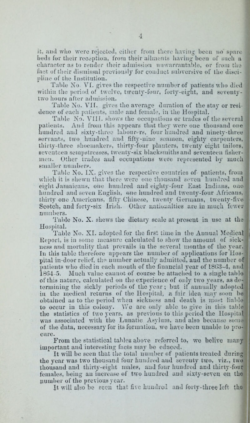 1 It, aull wlio were rejected, citlier from t'aere liaviiig been no spare beds for their reception, from their ailments having- been of such a character as to render their admission unwarrantable, or from the fact of their dismissal previously for conduct subversive of the disci- pline of the Institution. Table Xo. VI. gives the respective number of patients who died within t!ie period of twelve, twenty-four, forty-eight, and seventy- two hours after admission. Table Xo. VII. gives the average duration of the stay or resi- dence of each patients, male and female, in the Hospital. Tal)le Xo. Vlll. shows the occupations or trades of the several patients. And from this appears that they were one thousand one hundred and sixty-three labomvrs, four hundred and ninety-three servants, two hundred and fifty-nine seamen, eighty carpenters, thirty-three shoemakers, thirty-four planters, twenty eight tailors, seventeen sempstresses, twenty-six blacksmitlis and seventeen fisher- men. Other trades and occupations were represented by much smaller numbers. Table Xo. IX. gives the respective countries of- patients, from which it is shewn tliat there were one thousand seven hundred and eight Jamaicans, one hundred and eighty-four East Indians, Oiio hundred and seven English, one hundred and twenty-four Africans, i thirty one Americans, fifty Chinese, twenty Germans, twenty-five Scotch, and fort3'’-six Irish. Other natiunalties are in much fewer numbers. d'able No. X. shews the dietary scale at present in use at the ; Hospital. Table Xo. XI. adopted for the first time in the Annual Medical j Keport, is in some measure calculated to show the amount of sick- ' ness and mortality that prevails in the several months of the year. i In this table therefore appears the number of applications for Hos- pital in-door relief, the number actually admitted, aud tlie number of I patients who died in each mouth of tlie financial year of 18G3—4, ami 1864-5. Much value cannot of course be attached to a single table of this nature, calculated on the experience of only two years, as de- termining tlie sickly periods of the year; but if annually adopted ! in the medical returns of the Hospital, a fair idea may soon be , obtained as to the period when sickness and death is most liable to occur in this colon}'. \Ye are only able to give in this table ; the statistics of two years, as previous to this period the Hospital was associated with the Lunatic Asylum, and also because .some l of tlie data, uecessar}'for jts formation, we have been unable to pro- “ cure. From the statistical tallies above referred to, wc belive many | important and interesting facts nui} be educed. I It will be seen that tlie total iiunilier of patients treated during i the year was two thousand four hundred and seventy two, viz., two ! thousand and thirty-eight males, and four hundred and thirty-four | females, being an increase of two hundred aud sixty-seven on the ) pimiher of the previous year. It will also be Been that five hundred and forty-three left the |