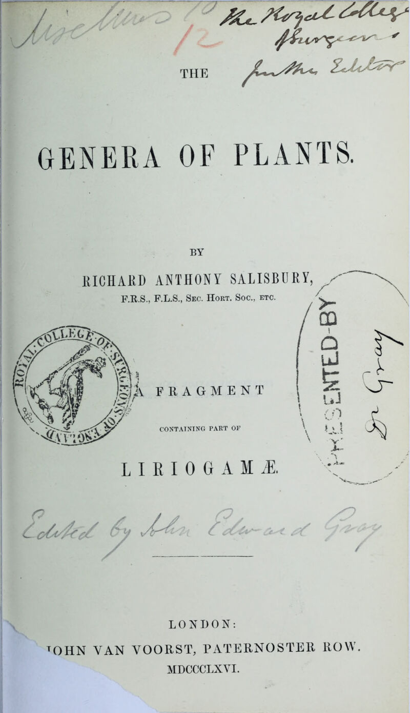 AU THE GENERA OF PLANTS. BY RICHARD ANTHONY SALISBURY, s' F.E.S., F.L.S., Sec. Hort. Soc., etc. ;k FRAGMENT >” CO i a uJ fe uJ ,'f) I CONTAINING PART OF \ L I R I 0 G A M M . • *** n trA &, ^<4 c~ ^ / TOHN VAN VOORST, PATERNOSTER ROW. MDCCCLXVI.