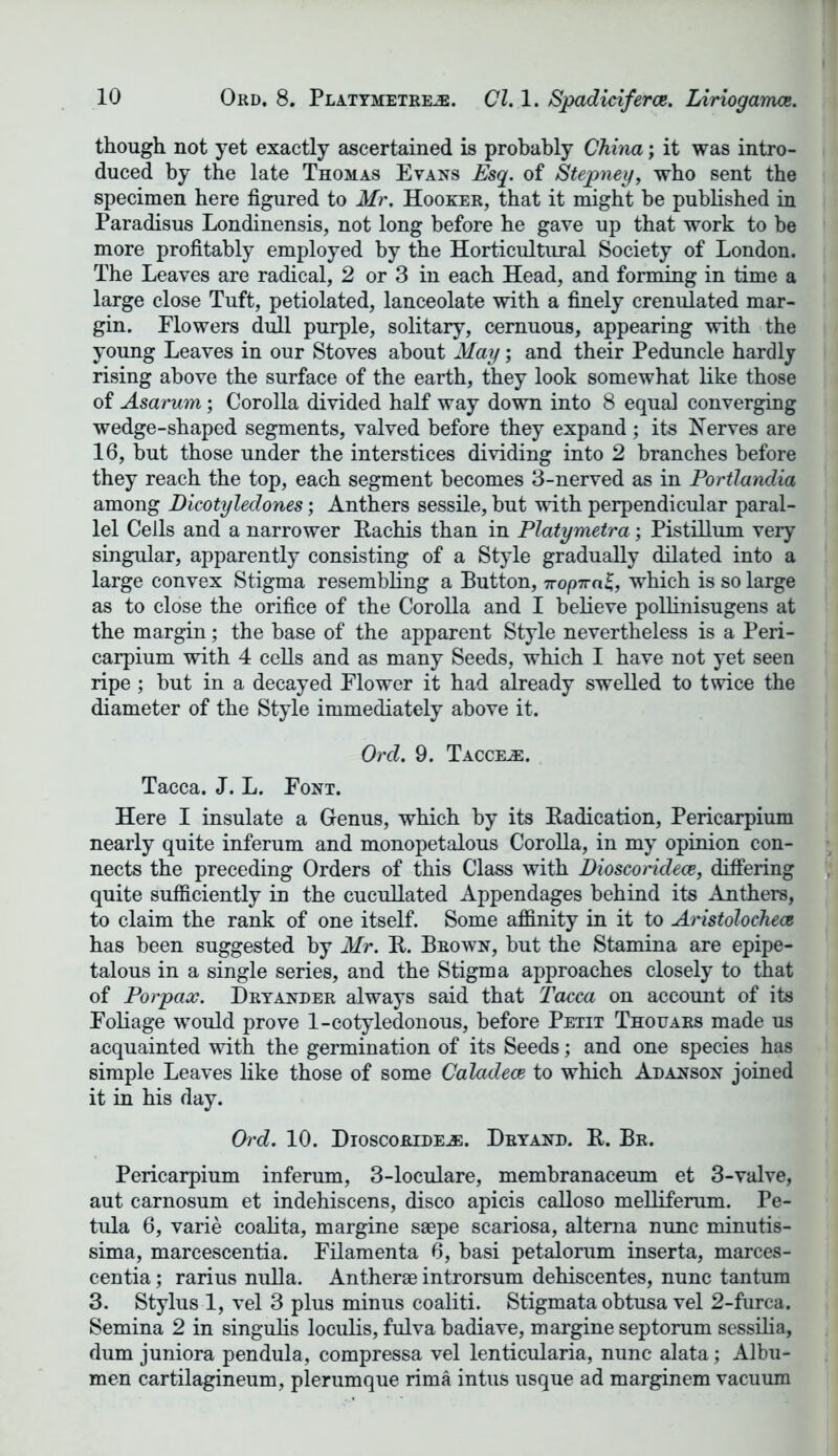 though not yet exactly ascertained is probably China; it was intro- duced by the late Thomas Evans Esq. of Stepney, who sent the specimen here figured to Mr. Hooker, that it might be published in Paradisus Londinensis, not long before he gave up that work to be more profitably employed by the Horticultural Society of London. The Leaves are radical, 2 or 3 in each Head, and forming in time a large close Tuft, petiolated, lanceolate with a finely crenulated mar- gin. Flowers dull purple, solitary, cemuous, appearing with the young Leaves in our Stoves about May; and their Peduncle hardly rising above the surface of the earth, they look somewhat like those of Asarum; Corolla divided half way down into 8 equal converging wedge-shaped segments, valved before they expand ; its Nerves are 16, but those under the interstices dividing into 2 branches before they reach the top, each segment becomes 3-nerved as in Portlandia among Dicotyledones; Anthers sessile, but with perpendicular paral- lel Cells and a narrower Rachis than in Platymetra; Pistillum very singular, apparently consisting of a Style gradually dilated into a large convex Stigma resembling a Button, nop-irat, which is so large as to close the orifice of the Corolla and I believe pollinisugens at the margin; the base of the apparent Style nevertheless is a Peri- carpium with 4 cells and as many Seeds, which I have not yet seen ripe ; but in a decayed Flower it had already swelled to twice the diameter of the Style immediately above it. Ord. 9. Tacctle. Tacca. J. L. Font. Here I insulate a Genus, which by its Radication, Pericarpium nearly quite inferum and monopetalous Corolla, in my opinion con- nects the preceding Orders of this Class with Dioscoridece, differing quite sufficiently in the cucullated Appendages behind its Anthers, to claim the rank of one itself. Some affinity in it to Aristolochece has been suggested by Mr. R. Brown, but the Stamina are epipe- talous in a single series, and the Stigma approaches closely to that of Porpax. Dryander always said that Tacca on account of its Foliage would prove 1-cotyledonous, before Petit Thouars made us acquainted with the germination of its Seeds; and one species has simple Leaves like those of some Caladece to which Adanson joined it in his day. Ord. 10. Dioscoride^:. Dryand. R. Br. Pericarpium inferum, 3-loculare, membranaceum et 3-valve, aut carnosum et indehiscens, disco apicis calloso melliferum. Pe- tula 6, varie coalita, margine saepe scariosa, altema nunc minutis- sima, marcescentia. Filamenta 6, basi petalorum inserta, marces- centia; rarius nulla. Antherae introrsum dehiscentes, nunc tantum 3. Stylus 1, vel 3 plus minus coaliti. Stigmata obtusa vel 2-furca. Semina 2 in singulis loculis, fulva badiave, margine septorum sessilia, dum juniora pendula, compressa vel lenticularia, nunc alata; Albu- men cartilagineum, plerumque rima intus usque ad marginem vacuum