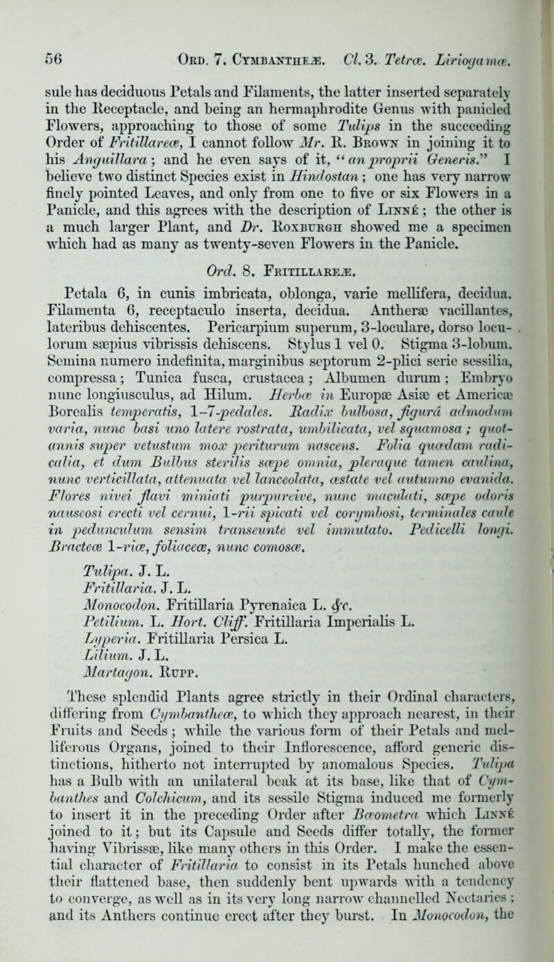 sule has deciduous Petals and Filaments, the latter inserted separately in the Receptacle, and being an hermaphrodite Genus with panicled Flowers, approaching to those of some Tvlips in the succeeding Order of Fritillarece, I cannot follow Mr. R. Brown in joining it to his Anguillara; and he even says of it, “ an proprii Generis.” I believe two distinct Species exist in Hindostan; one has very narrow finely pointed Leaves, and only from one to five or six Flowers in a Panicle, and this agrees with the description of Linn£ ; the other is a much larger Plant, and Dr. Roxburgh showed me a specimen which had as many as twenty-seven Flowers in the Panicle. Orel. 8. Fritillarece. Petala 6, in cunis imbricata, oblonga, varie mellifera, decidua. Filamenta 6, receptaculo inserta, decidua. Anther® vacillantes, lateribus dehiscentes. Pericarpium superum, 3-loculare, dorso locu- lorum saepius vibrissis dehiscens. Stylus 1 vel 0. Stigma 3-lobum. Semina numero indefinita, marginibus septorum 2-plici serie sessilia, compressa; Tunica fusca, Crustacea; Albumen durum; Embryo nunc longiusculus, ad Hilum. Herbce in Enrop® Asi® et Americ® Borealis temperatis, 1-7-pedales. Radix bidbosa, figurd aclmodum varia, nunc basi uno latere rostrata, umbilicata, vel squamosa ; quot- annis super vetustum mox periturum nascens. Folia queedam radi- calia, et dum Bulbus sterilis soepe omnia, pleraque tamen caulina, nunc verticillata, attenuata vel lanceolcita, restate vel autumno evanida. Flores nivei Jlavi miniati purpureive, nunc macidati, scepe odor is nauseosi erecti vel cernui, 1-rii spicati vel corymbosi, tenninales caule in peclunculum sensim transeunte vel immutato. Pedicelli longi. Bractece 1-rice, foliaceoe, nunc comosce. Tulipci. J. L. Fritillaria. J. L. Monocodon. Fritillaria Pyrenaica L. Sfc. Petilium. L. Hort. Cliff. Fritillaria Imperialis L. Lyperia. Fritillaria Persica L. Lilium. J. L. Martagon. Rupp. These splendid Plants agree strictly in their Ordinal characters, differing from Cymbanthece, to which they approach nearest, in their Fruits and Seeds; while the various form of their Petals and mel- liferous Organs, joined to their Inflorescence, afford generic dis- tinctions, hitherto not interrupted by anomalous Species. Tidipa has a Bulb with an unilateral beak at its base, like that of Cym- banthes and Colchicum, and its sessile Stigma induced me formerly to insert it in the preceding Order after Bccometra which Linn£ joined to it; but its Capsule and Seeds differ totally, the former having Vibriss®, like many others in this Order. I make the essen- tial character of Fritillaria to consist in its Petals hunched above their flattened base, then suddenly bent upwards with a tendency to converge, as well as in its very long narrow channelled Nectaries ; and its Anthers continue erect after they burst. In Monococlon, the