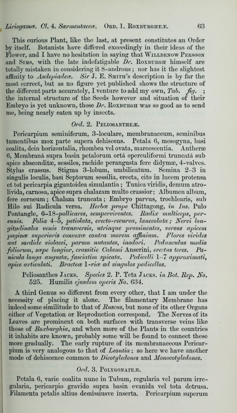 This curious Plant, like the last, at present constitutes an Order by itself. Botanists have differed exceedingly in their ideas of the Flower, and I have no hesitation in saying that WilldenowPersoon and Sims, with the late indefatigable Dr. Roxburgh himself are totally mistaken in considering it 8-androus; nor has it the slightest affinity to Asclepiadece. Sir J. E. Smith’s description is by far the most correct, but as no figure yet published shows the structure of the different parts accurately, I venture to add my own, Tab. Jig. ; the internal structure of the Seeds however and situation of their Embryo is yet unknown, those Dr. Roxburgh was so good as to send me, being nearly eaten up by insects. Ord. 2. Peliosanthe^:. Pericarpium seminiferum, 3-loculare, membranaceum, seminibus tumentibus mox parte supera dehiscens. Petala 6, mesogyna, basi coalita, dein horizontalia, rhombea vel ovata, marcescentia. Anther® 6, Membrana supra basin petalorum orta operculiformi truncata sub apice abscondit®, sessiles, rachide perangusta fere didym®, 4-valves. Stylus crassus. Stigma 3-lobum, umbilicatum. Semina 2-3 in singulis loculis, basi Septorum sessilia, erecta, cito in lucem protensa et tot pericarpia gigantoidea simulantia; Tunica viridis, demum atro- livida, carnosa, apice supra chalazam multo crassior; Albumen album, fere coraeum; Chalaza truncata; Embryo parvus, trochlearis, sub Hilo sui Radicula versa. Herbce prope Chittagong, in Ins. Pulo Pontangle, 6-18-pollicares, sempervirentes. Radix multiceps, per- ennis. Folia 4-5, petiolata, erecto-recurva, lanceolata ; Nervi Ion- gitudinales venis transversis, utrinque prominentes, versus apieem pagince superioris convexce contra morem ajjinium. Flores virides aut sordide violacei, parum nutantes, inodori. Pedunculus medio foliorum, scepe longior, crassitie Calami Anserini, erectus teres. Pa- nicula longa angusta, fasciatim spicata. Pedicelli 1-7 approximatif apice articulati. Bractece 1 -rice ad singulos pedicellos. Peliosanthes Jacks. Species 2. P. Teta Jacks, in Dot. Rep. No. 525. Humilis ejusdem operis No. 634. A third Genus so different from every other, that I am under the necessity of placing it alone. The filamentary Membrane has indeed some similitude to that of Ruscus, but none of its other Organs either of Vegetation or Reproduction correspond. The Nerves of its Leaves are prominent on both surfaces with transverse veins like those of Roxburghia, and when more of the Plants in the countries it inhabits are known, probably some will be found to connect these more gradually. The early rupture of its membranaceous Pericar- pium is very analogous to that of Leontia; so here we have another mode of dehiscence common to Dicotyledones and Monocotyledones. Ord. 3. POLYGONATE2E. Petala 6, varie coalita nunc in Tubum, regularia vel parum irre- gularia, pericarpio gravido supra basin evanida vel tota detrusa. Filamenta petalis altius demissiusve inserta. Pericarpium superum