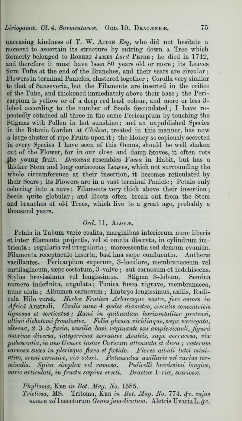 unceasing kindness of T. W. Aiton Esq, who did not hesitate a moment to ascertain its structure by cutting down a Tree which formerly belonged to Robert James Lord Petre ; he died in 1742, and therefore it must have been 80 years old or more; its Leaves form Tufts at the end of the Branches, and their scars are circular; Flowers in terminal Panicles, clustered together; Corolla very similar to that of Sanseveria, but the Filaments are inserted in the orifice of the Tube, and thickened immediately above their base; the Peri- carpium is yellow or of a deep red lead colour, and more or less 3- lobed according to the number of Seeds foecundated; I have re- peatedly obtained all three in the same Pericarpium by touching the Stigmas with Pollen in hot sunshine; and an unpublished Species in the Botanic Garden at Chelsea, treated in this manner, has now a large cluster of ripe Fruits upon it; the Honey so copiously secreted in every Species I have seen of this Genus, should be well shaken out of the Flower, for in our close and damp Stoves, it often rots |he young fruit. Dracaena resembles Yucca in Habit, but has a thicker Stem and long coriaceous Leaves, which not surrounding the whole circumference at their insertion, it becomes reticulated by their Scars; its Flowers are in a vast terminal Panicle; Petals only cohering into a nave; Filaments very thick above their insertion; Seeds quite globular; and Roots often break out from the Stem and branches of old Trees, which live to a great age, probably a thousand years. Ord. 11. Aloee:. Petala in Tubum varie coalita, marginibus interiorum nunc liberis et inter filamenta projectis, vel si omnia discreta, in cylindrum im- bricata; regularia vel irregularia; marcescentia sed demum evanida. Filamenta receptaculo inserta, basi ima ssepe confluentia. Antherae vacillantes. Pericarpium superum, 3-loculare, membranaceum vel cartilagineum, ssepe costatum, 3-valve; aut carnosum et indehiscens. Stylus brevissimus vel longissimus. Stigma 3-lobum. Semina numero indefinita, angulata; Tunica fusca nigrave, membranacea, nunc alata ; Albumen carnosum; Embryo longissimus, axilis, Radi- cula Hilo versa. Herbce Frutices Arboresque vastce, fere omnes in Afnca Australi. Caulis nunc 4 pedes diametro, circulis concentricis lignosus et corticatus; Rami in quibusdam horizontaliter protensi, ultimi dichotomifrondosive. Folia glauca viridiaque, scepe variegata, alterna, 2-3-5-faria, sessilia basi vaginante seu amplexicauli, figurd maxime diversa, integerrima serratave Aculeis, scepe verrucosa, vix pubescentia, in uno Genere instar Caricum attenuata et dura ; cceterum carnosa succo in plerisque Jlavo et foetido. Flores albidi lutei mini- atiue, erecti cernuive, vix odori. Pedunculus axillaris vel rarius ter- minalis. Spica simplex vel ramosa. Pedicelli brevissimi longive, varie articulati, infructu scepius erecti. Bractece 1 -rice, scariosce. Phylloma, Ker in Bot. Mag. No. 1585. Triclissa, MS. Tritoma, Ker in Bot. Mag. No. 774. Sfc. cujus nomen ad Insectorum Genus jamdiccitum. Aletris UvariaL. 6fc.