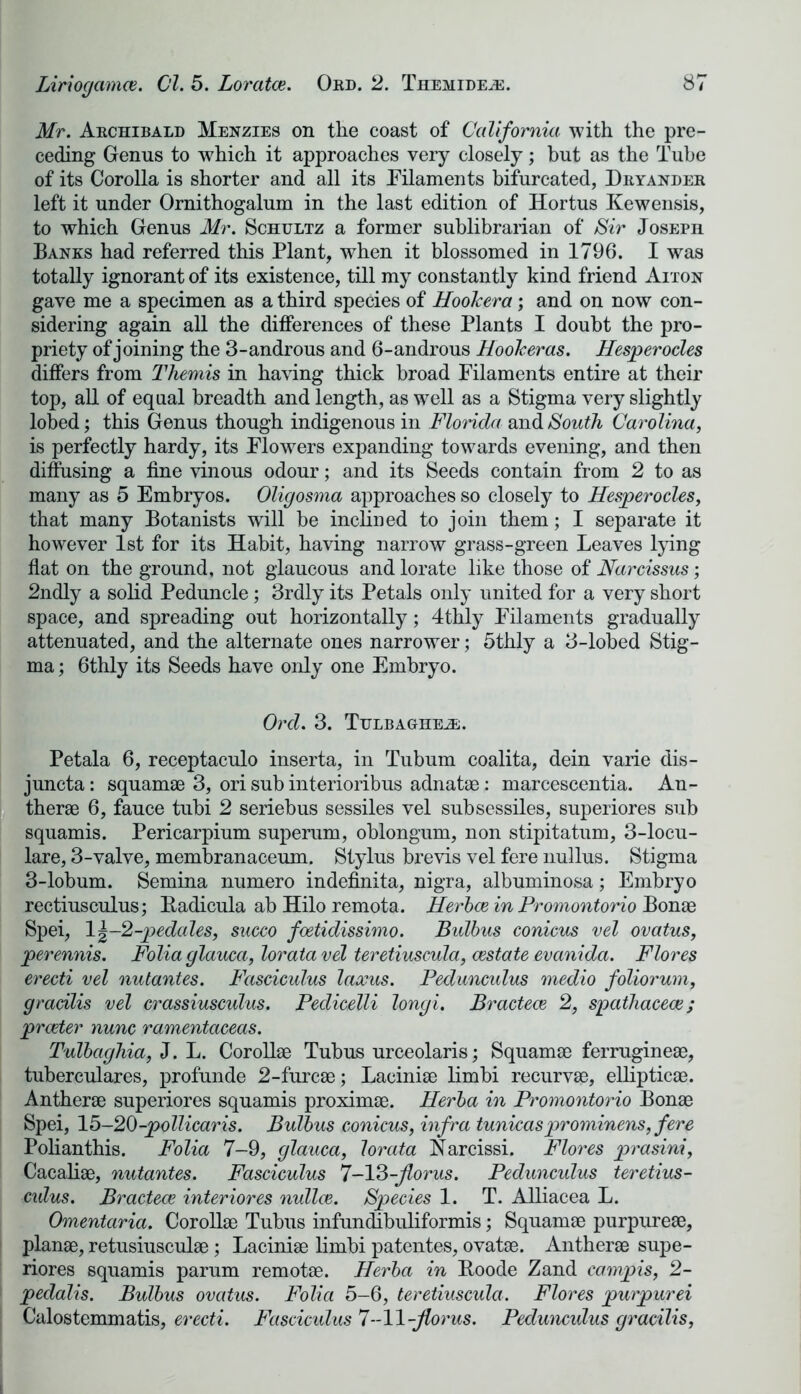 Mr. Archibald Menzies on the coast of California with the pre- ceding Genus to which it approaches very closely; but as the Tube of its Corolla is shorter and all its Filaments bifurcated, Dryander left it under Ornithogalum in the last edition of Hortus Kewensis, to which Genus Mr. Schultz a former sublibrarian of Sir Joseph Banks had referred this Plant, when it blossomed in 1796. I was totally ignorant of its existence, till my constantly kind friend Aiton gave me a specimen as a third species of Hookera; and on now con- sidering again all the differences of these Plants I doubt the pro- priety of joining the 3-androus and 6-androus Hookeras. Hesperocles differs from Themis in having thick broad Filaments entire at their top, all of equal breadth and length, as well as a Stigma very slightly lobed; this Genus though indigenous in Florida and South Carolina, is perfectly hardy, its Flowers expanding towards evening, and then diffusing a fine vinous odour; and its Seeds contain from 2 to as many as 5 Embryos. Oligosma approaches so closely to Hesperocles, that many Botanists will be inclined to join them; I separate it however 1st for its Habit, having narrow grass-green Leaves lying flat on the ground, not glaucous and lorate like those of Narcissus; 2ndly a solid Peduncle; 3rdly its Petals only united for a very short space, and spreading out horizontally; 4thly Filaments gradually attenuated, and the alternate ones narrower; 5thly a 3-lobed Stig- ma ; 6thly its Seeds have only one Embryo. Ord. 3. Tulbaghe^;. Petala 6, receptaculo inserta, in Tubum coalita, dein varie dis- juncta: squamae 3, ori sub interioribus adnatae: marcescentia. An- therae 6, fauce tubi 2 seriebus sessiles vel subsessiles, superiores sub squamis. Pericarpium superum, oblongum, non stipitatum, 3-locu- lare, 3-valve, membranaceum. Stylus brevis vel fere nullus. Stigma 3-lobum. Semina numero indefinita, nigra, albuminosa; Embryo rectiusculus; Kadicula ab Hilo remota. Herbce in Promontorio Bonae Spei, 1^-2-pedales, succo fcetidissimo. Bulbus conicus vel ovatus, perennis. Folia glauca, lorata vel teretiuscula, cestate evanida. Flores erecti vel nutantes. Fasciculus laxus. Pedunculus medio foliorum, gracilis vel crassiusculus. Pedicelli longi. Bracteae 2, spathacea; prater nunc ramentaceas. Tulbaghia, J. L. Corollae Tubus urceolaris; Squamae ferrugineae, tuberculares, profunde 2-furcae; Laciniae limbi recurvae, ellipticae. Antherae superiores squamis proximae. Herba in Promontorio Bonae Spei, 15-20-pollicaris. Bulbus conicus, infra tunicasprominens, fere Polianthis. Folia 7-9, glauca, lorata Narcissi. Flores prasini, Cacaliae, nutantes. Fasciculus 7-13-florus. Pedunculus teretius- culus. Bracteae interiores nullce. Species 1. T. Alliacea L. Omentaria. Corollae Tubus infundibuliformis; Squamae purpureae, planae, retusiusculae; Laciniae limbi patentes, ovatae. Antherae supe- riores squamis parum remotae. Herba in Boode Zand carnpis, 2- pedalis. Bulbus ovatus. Folia 5-6, teretiuscula. Flores purpurei Calostemmatis, erecti. Fasciculus 7-11 -florus. Pedunculus gracilis,