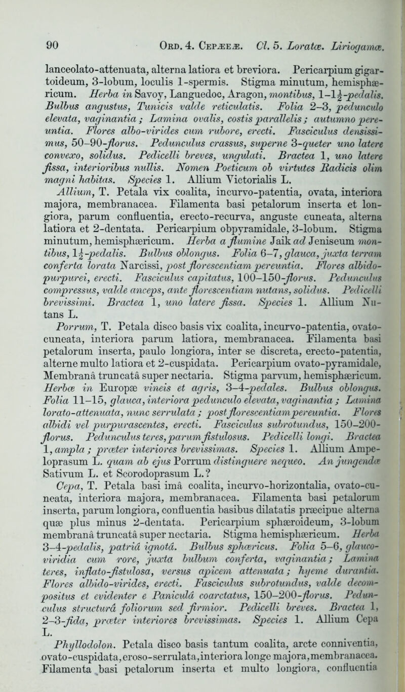 lanceolato-attenuata, alterna latiora et breviora. Pericarpium gigar- toideum, 3-lobum, loculis 1-spermis. Stigma minutum, hemisphae- ricum. Herba in Savoy, Languedoc, Aragon, montibus, 1-1^-pedalis. Bulbus angustus, Tunicis valde reticularis. Folia 2-3, pedunculo elevata, vaginantia ; Lamina ovalis, costis parallelis ; autumno pere- untia. Flores albo-viricles cum rubore, erecri. Fasciculus densissi- mus, 50-90-jlorus. Pedunculus crassus, superne 3-queter uno latere convexo, solidus. Pedicelli breves, ungvdati. Bractea 1, uno latere fissa, interioribus nullis. Nomen Poeticum ob virtutes lladicis olim magni habitas. Species 1. Allium Victorialis L. Allium, T. Petala vix coalita, incurvo-patentia, ovata, interiora majora, membranacea. Pilamenta basi petalorum inserta et lon- giora, parum confluentia, erecto-recurva, anguste cuneata, alterna latiora et 2-dentata. Pericarpium obpyramidale, 3-lobum. Stigma minutum, hemisphaericum. Herba ajlumine Jaik ad Jeniseum mon- tibus, Iji-pedalis. Bulbus oblongus. Folia 6-7, glauca, juxta terrain conferta lorata Narcissi, post Jlorescentiam pereuntia. Mores albido- purpurei, erecri. Fasciculus capitatus, 100—150^-Jlorus. Pedunculus compressus, valde anceps, ante jlorescentiam nutans, solidus. Pedicelli brevissimi. Bractea 1, uno latere jissa. Species 1. Allium Nu- tans L. Porrum, T. Petala disco basis vix coalita, incurvo-patentia, ovato- cuneata, interiora parum latiora, membranacea. Pilamenta basi petalorum inserta, paulo longiora, inter se discreta, erecto-patentia, alteme multo latiora et 2-cuspidata. Pericarpium ovato-pyramidale, Membrana truncata super nectaria. Stigma parvum, hemisphaericum. Herbce in Europae vineis et agris, 3-4-peclales. Bulbus oblongus. Folia 11-15, glauca, interior a pedunculo elevata, vaginantia ; Lamina lorcito-attenuata, nunc serrulata ; post jlorescentiam pereuntia. Flores albidi vel purpurascentes, erecri. Fasciculus subrotundus, 150-200- jlorus. Pedunculus teres,parumjistulosus. Pedicelli longi. Bractea 1, ampla ; prceter interiores brevissimas. Species 1. Allium Ampe- loprasum L. quam ab ejus Porrum clistinguere nequeo. An jungendce Sativum L. et Scorodoprasum L.? Cepa, T. Petala basi ima coalita, incurvo-horizontalia, ovato-cu- neata, interiora majora, membranacea. Pilamenta basi petalorum inserta, parum longiora, confluentia basibus dilatatis praecipue alterna quae plus minus 2-dentata. Pericarpium sphaeroideum, 3-lobum membrana truncata super nectaria. Stigma hemisphaericum. Herba 3-4-peclalis, patrid ignota. Bulbus sphcencus. Folia 5-6, glauco- viridia cum rore, juxta bulbum conferta, vaginantia; Lamina teres, injlato-jistulosa, versus apicem attenuata; hyeme durantia. Flores albido-virides, erecri. Fasciculus subrotundus, valde decom- positus et evidenter e Panicidd coarctatus, 150-200-jlorus. Pedun- culus structura foliorum sed jirmior. Pedicelli breves. Bractea 1, 2-3-jida, prceter interiores brevissimas. Species 1. Allium Cepa Xj. Phylloclolon. Petala disco basis tantum coalita, arete conniventia, ovato-cuspidata, eroso-serrulata,interiora longe majora,membranacea. Filamenta ,basi petalorum inserta et multo longiora, confluentia