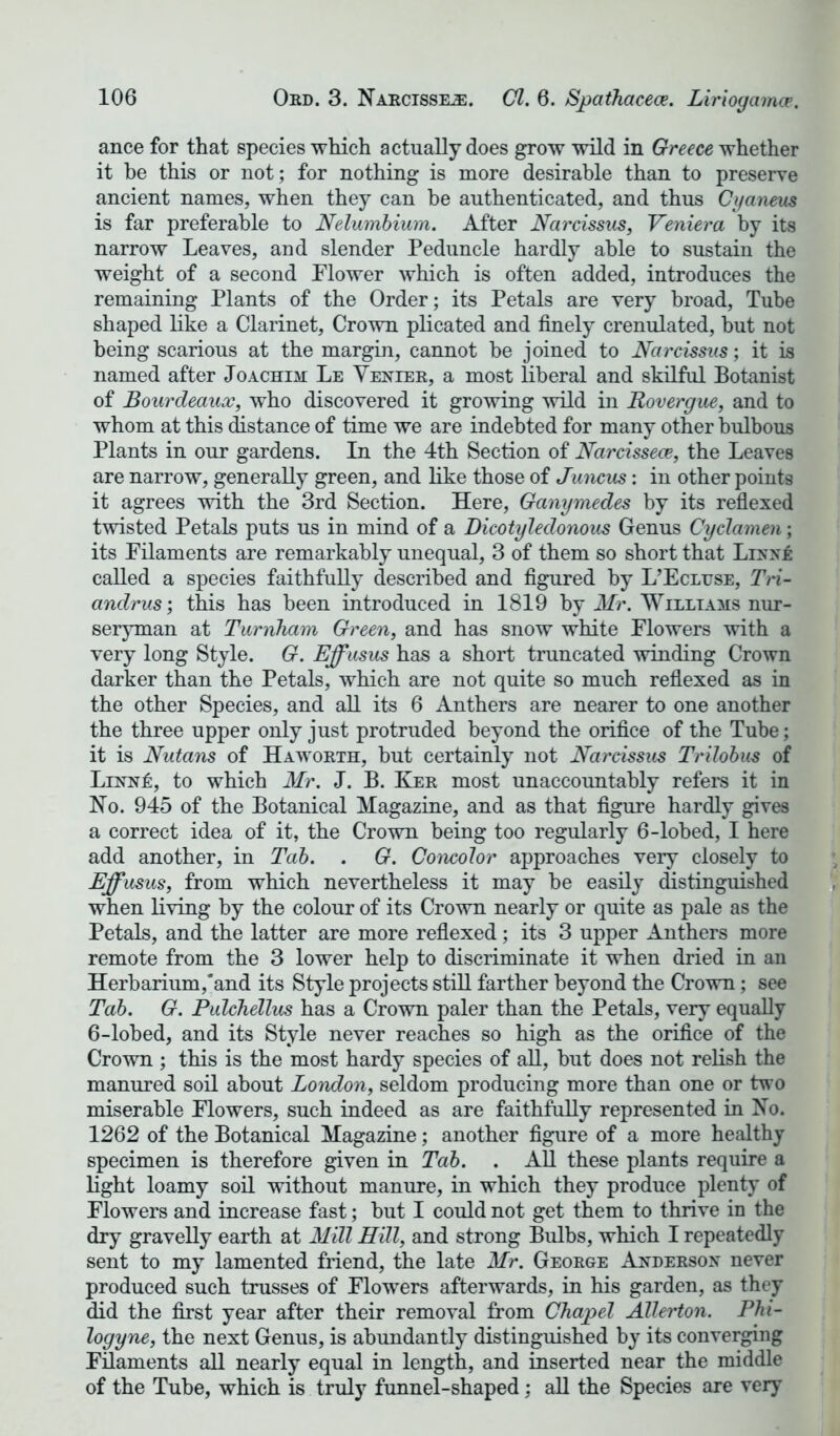 ance for that species which actually does grow wild in Greece whether it be this or not; for nothing is more desirable than to preserve ancient names, when they can be authenticated, and thus Cyaneus is far preferable to Nelumbium. After Narcissus, Veniera by its narrow Leaves, and slender Peduncle hardly able to sustain the weight of a second Flower which is often added, introduces the remaining Plants of the Order; its Petals are very broad, Tube shaped like a Clarinet, Crown plicated and finely crenulated, but not being scarious at the margin, cannot be joined to Narcissus; it is named after Joachim Le Venier, a most liberal and skilful Botanist of Bourdeaux, who discovered it growing wild in Rovergue, and to whom at this distance of time we are indebted for many other bulbous Plants in our gardens. In the 4th Section of Narcisseae, the Leaves are narrow, generally green, and like those of Juncus: in other points it agrees with the 3rd Section. Here, Ganymedes by its reflexed twisted Petals puts us in mind of a Dicotyledonous Genus Cyclamen; its Filaments are remarkably unequal, 3 of them so short that LinnA called a species faithfully described and figured by L’Ecluse, Tri- andrus; this has been introduced in 1819 by Mr. Williams nur- seryman at Tiirnham Green, and has snow white Flowers with a very long Style. G. Effusus has a short truncated winding Crown darker than the Petals, which are not quite so much reflexed as in the other Species, and all its 6 Anthers are nearer to one another the three upper only just protruded beyond the orifice of the Tube; it is Nutans of Haworth, but certainly not Narcissus Trilobus of Linn£, to which Mr. J. B. Ker most unaccountably refers it in Ho. 945 of the Botanical Magazine, and as that figure hardly gives a correct idea of it, the Crown being too regularly 6-lobed, I here add another, in Tab. . G. Concolor approaches very closely to Effusus, from which nevertheless it may be easily distinguished when living by the colour of its Crown nearly or quite as pale as the Petals, and the latter are more reflexed; its 3 upper Anthers more remote from the 3 lower help to discriminate it when dried in an Herbarium,‘and its Style projects still farther beyond the Crown; see Tab. G. Pulchellus has a Crown paler than the Petals, very equally 6-lobed, and its Style never reaches so high as the orifice of the Crown ; this is the most hardy species of all, but does not relish the manured soil about London, seldom producing more than one or two miserable Flowers, such indeed as are faithfully represented in Ho. 1262 of the Botanical Magazine; another figure of a more healthy specimen is therefore given in Tab. . All these plants require a light loamy soil without manure, in which they produce plenty of Flowers and increase fast; but I could not get them to thrive in the dry gravelly earth at Mill Hill, and strong Bulbs, which I repeatedly sent to my lamented friend, the late Mr. George Andersox never produced such trusses of Flowers afterwards, in his garden, as they did the first year after their removal from Chapel Allerton. Phi- logyne, the next Genus, is abundantly distinguished by its converging Filaments all nearly equal in length, and inserted near the middle of the Tube, which is truly funnel-shaped; all the Species are very