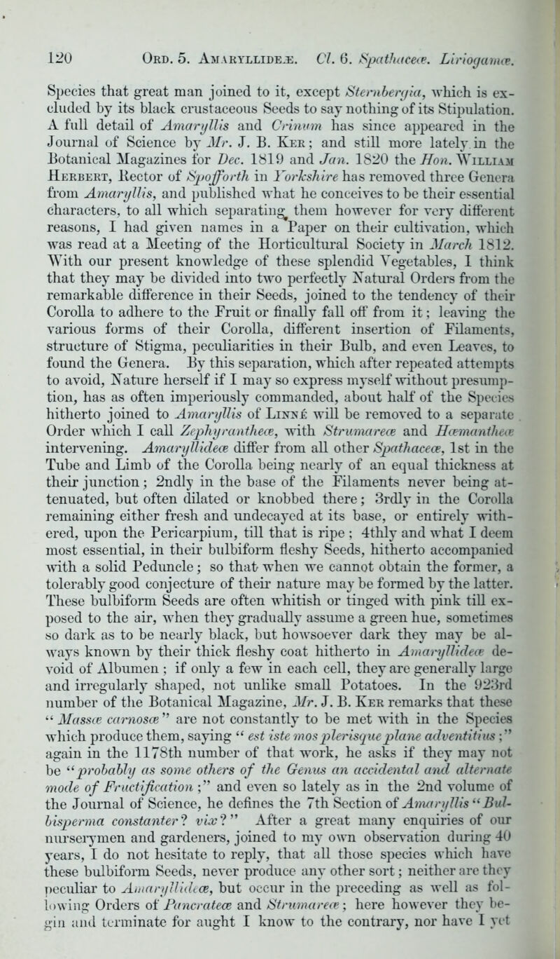 Species that great man joined to it, except Sternbergia, which is ex- cluded by its black crustaceous Seeds to say nothing of its Stipulation. A full detail of Amaryllis and Crinum has since appeared in the Journal of Science by Mr. J. B. Ker; and still more lately in the Botanical Magazines for Dec. 1819 and Jan. 1820 the Hon. William Herbert, Hector of Spofforth in Yorkshire has removed three Genera from Amaryllis, and published what he conceives to be their essential characters, to all which separating^ them however for very different reasons, I had given names in a Paper on their cultivation, which was read at a Meeting of the Horticultural Society in March 1812. With our present knowledge of these splendid Vegetables, I think that they may be divided into two perfectly Natural Orders from the remarkable difference in their Seeds, joined to the tendency of their Corolla to adhere to the Fruit or finally fall off from it; leaving the various forms of their Corolla, different insertion of Filaments, structure of Stigma, peculiarities in their Bulb, and even Leaves, to found the Genera. By this separation, which after repeated attempts to avoid, Nature herself if I may so express myself without presump- tion, has as often imperiously commanded, about half of the Species hitherto joined to Amaryllis of Linne will be removed to a separate Order which I call Zephyranthece, with Strumarece and Hcemanthece intervening. AmaryHidece differ from all other Spathacece, 1st in the Tube and Limb of the Corolla being nearly of an equal thickness at their junction; 2ndly in the base of the Filaments never being at- tenuated, but often dilated or knobbed there; 3rdly in the Corolla remaining either fresh and undecayed at its base, or entirely with- ered, upon the Pericarpium, till that is ripe ; 4thly and what I deem most essential, in their bulbiform fleshy Seeds, hitherto accompanied with a solid Peduncle; so that> when we cannot obtain the former, a tolerably good conjecture of their nature maybe formed by the latter. These bulbiform Seeds are often whitish or tinged with pink till ex- posed to the air, when they gradually assume a green hue, sometimes so dark as to be nearly black, but howsoever dark they may be al- ways known by their thick fleshy coat hitherto in AmaryHidece de- void of Albumen ; if only a few in each cell, they are generally large and irregularly shaped, not unlike small Potatoes. In the 923rd number of the Botanical Magazine, Mr. J. B. Ker remarks that these “ Massce carnosoe ” are not constantly to be met with in the Species which produce them, saying “ est iste mosplerisqueplane adventitius again in the 1178th number of that work, he asks if they may not be “probably as some others of the Genus an accidental and alternate mode of Fructification and even so lately as in the 2nd volume of the Journal of Science, he defines the 7th Section of Anutryllis“ Bul- bisperma constanter? via??” After a great many enquiries of our nurserymen and gardeners, joined to my own observation during 40 years, I do not hesitate to reply, that all those species which have these bulbiform Seeds, never produce any other sort; neither are they peculiar to AmaryHidece, but occur in the preceding as well as fol- lowing Orders of Fancratece and Strumarece; here however they be- gin and terminate for aught I know to the contrary, nor have I yet