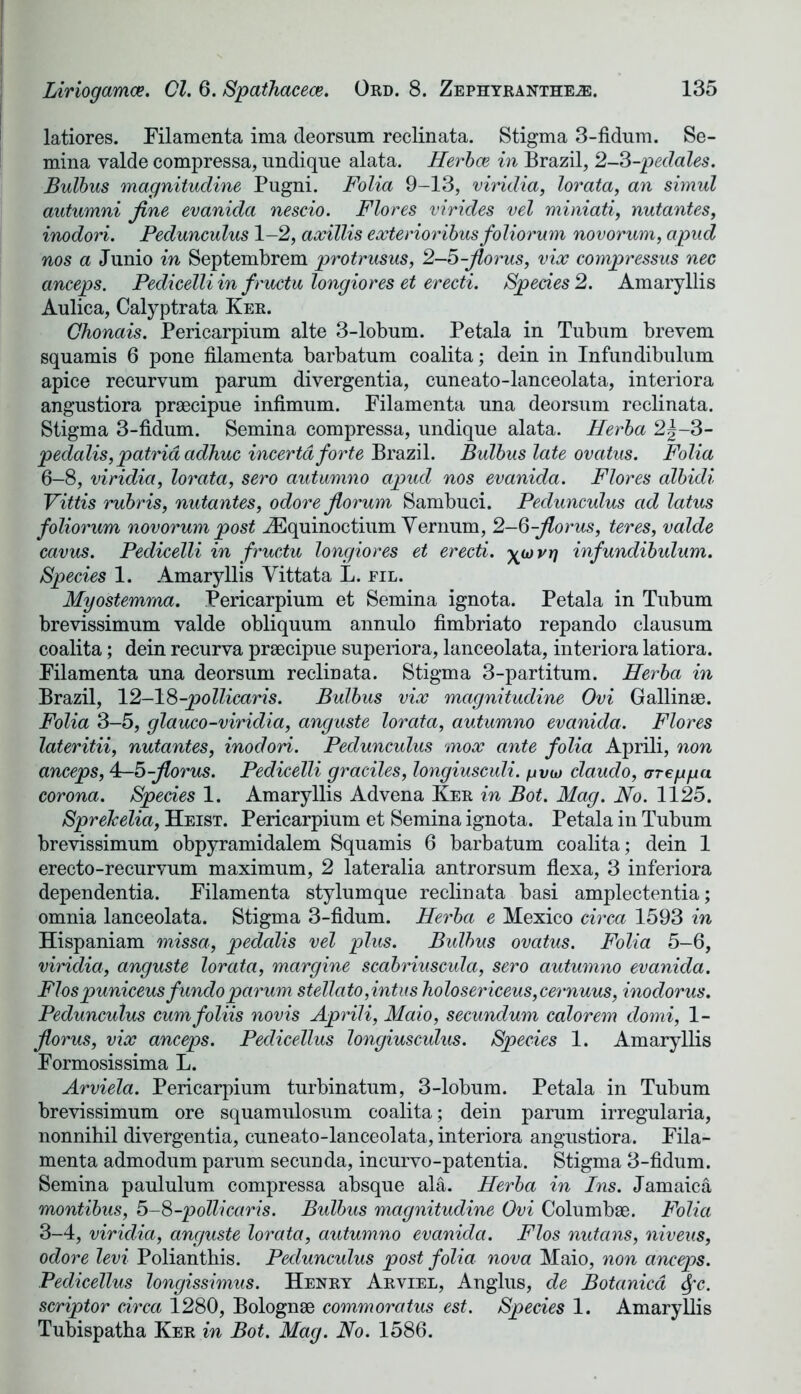 latiores. Filamenta ima deorsum reclinata. Stigma 3-fidum. Se- mina valde compressa, undiqne alata. Herboe in Brazil, 2-3-peddles. Bulbus magnitudine Pugni. Folia 9-13, viridia, lorata, an simul autumni fine evanida nescio. Flores virides vel miniati, nutantes, inodori. Pedunculus 1-2, axillis exterioribusfoliorum novorum, apnd nos a Junio in Septembrem protrusus, 2-5-fiorus, vix compressus nee anceps. Pedicelli in fructu longiores et erecti. Species 2. Amaryllis Aulica, Calyptrata Ker. Chonais. Pericarpium alte 3-lobum. Petala in Tubum brevem squamis 6 pone filamenta barbatum coalita; dein in Infundibulum apice recurvum parum divergentia, cuneato-lanceolata, interiora angustiora praecipue infimum. Filamenta una deorsum reclinata. Stigma 3-fidum. Semina compressa, undique alata. Herba 2|-3- pedalis,patria adhuc incertd forte Brazil. Bulbus late ovatus. Folia 6-8, viridia, lorata, sero autumno apucl nos evanida. Flores albidi Vittis rubris, nutantes, odore florum Sambuci. Pedunculus ad latus foliorum novorum post ^Equinoctium Yernum, 2-6-fiorus, teres, valde cavus. Pedicelli in fructu longiores et erecti. \tovr] infundibulum. Species 1. Amaryllis Yittata L. eil. Myostemma. Pericarpium et Semina ignota. Petala in Tubum brevissimum valde obliquum annulo fimbriato repando clausum coalita; dein recurva praecipue superiora, lanceolata, interiora latiora. Filamenta una deorsum recliuata. Stigma 3-partitum. Herba in Brazil, 12-18-pollicaris. Bulbus vix magnitudine Ovi Gallinae. Folia 3-5, glauco-viridia, anguste lorata, autumno evanida. Flores lateritii, nutantes, inodori. Pedunculus mox ante folia Aprili, non anceps, A-h-florus. Pedicelli graciles, longiusculi. pvw claudo, arepya corona. Species 1. Amaryllis Advena Ker in Bot. Mag. No. 1125. Sprekelia, Heist. Pericarpium et Semina ignota. Petala in Tubum brevissimum obpyramidalem Squamis 6 barbatum coalita; dein 1 erecto-recurvum maximum, 2 lateralia antrorsum flexa, 3 inferiora dependentia. Filamenta stylumque reclinata basi amplectentia; omnia lanceolata. Stigma 3-fidum. Herba e Mexico circa 1593 in Hispaniam missa, pedalis vel plus. Bulbus ovatus. Folia 5-6, viridia, anguste lorata, margine scabriuscula, sero autumno evanida. Flos puniceus fundo parum stellato ,intus holosericeus,cernuus, inodorus. Pedunculus cumfoliis novis Aprili, Mcdo, secundum colorem domi, 1- fiorus, vix anceps. Pedicellus longiusculus. Species 1. Amaryllis Formosissima L. Arviela. Pericarpium turbinatum, 3-lobum. Petala in Tubum brevissimum ore squamulosum coalita; dein parum irregularia, nonnihil divergentia, cuneato-lanceolata, interiora angustiora. Fila- menta admodum parum secunda, incurvo-patentia. Stigma 3-fidum. Semina paululum compressa absque ala. Herba in Ins. Jamaica montibus, 5-8-pollicaris. Bulbus magnitudine Ovi Columbse. Folia 3-4, viridia, anguste lorata, autumno evanida. Flos nutans, niveus, odore levi Polianthis. Pedunculus post folia nova Maio, non anceps. Pedicellus longissimus. Henry Arviel, Anglus, de Botanicd fyc. scriptor circa 1280, Bolognse commoratus est. Species 1. Amaryllis Tubispatha Ker in Bot. Mag. No. 1586.