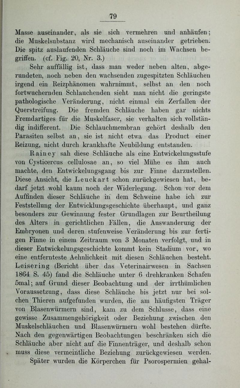 Masse auseinander, als sie sich vermehren und anhäufen; die Muskelsubstanz wird mechanisch auseinander getrieben. Die spitz auslaufenden Schläuche sind noch im Wachsen be- griffen. (cf. Fig. 20, Nr. 3.) Sehr auffällig ist, dass man weder neben alten, abge- rundeten, noch neben den wachsenden zugespitzten Schläuchen irgend ein Reizphänomen wahrnimmt, selbst an den noch fortwuchernden Schlauchenden sieht man nicht die geringste pathologische Veränderung, nicht einmal ein Zerfallen der Querstreifung. Die fremden Schläuche haben gar nichts Fremdartiges für die Muskelfaser, sie verhalten sich vollstän- dig indifferent. Die Schlauchmembran gehört deshalb den Parasiten selbst an, sie ist nicht etwa das Product einer Reizung, nicht durch krankhafte Neubildung entstanden. Rainey sah diese Schläuche als eine Entwickelungsstufe von Cysticercus cellulosae an, so viel Mühe es ihm auch machte, den Entwickelungsgang bis zur Finne darzustellen. Diese Ansicht, die Leuckart schon zurückgewiesen hat, be- darf jetzt wohl kaum noch der Widerlegung. Schon vor dem Auffinden dieser Schläuche iii dem Schweine habe ich zur Feststellung der Entwicklungsgeschichte überhaupt, und ganz besonders zur Gewinnung fester Grundlagen zur Beurtheilung des Alters in gerichtlichen Fällen, die Auswanderung der Embryonen und deren stufenweise Veränderung bis zur ferti- gen Finne in einem Zeitraum von 3 Monaten verfolgt, und in dieser Entwickelungsgeschichte kommt kein Stadium vor, wo eine entfernteste Aehnlichkeit mit diesen Schläuchen besteht. Leisering (Bericht über das Veterinairwesen in Sachsen 1864 S. 45) fand die Schläuche unter 6 drehkranken Schafen 5mal; auf Grund dieser Beobachtung und der irrthümlichen Voraussetzung, dass diese Schläuche bis jetzt nur bei sol- chen Thieren aufgefunden wurden, die am häufigsten Träger von Blasenwürmern sind, kam zu dem Schlüsse, dass eine gewisse Zusammengehörigkeit oder Beziehung zwischen den Muskelschläuchen und Blasenwürmern wohl bestehen dürfte. Nach den gegenwärtigen Beobachtungen beschränken sich die Schläuche aber nicht auf die Finnenträger, und deshalb schon muss diese vermeintliche Beziehung zurückgewiesen werden. Später wurden die Körperchen für Psorospermien gehal-