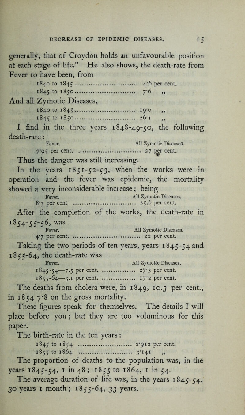 generally, that of Croydon holds an unfavourable position at each stage of life.” He also shows, the death-rate from Fever to have been, from 1840 to >8+5 1845 to 1850 7‘6 „ And all Zymotic Diseases, 1840 to 1845 1845 t0 1850 I find in the three years 1848-49-50, the following death-rate: Fever. All Zymotic Diseases. 7*95 per cent 27 £>er cent. Thus the danger was still increasing. In the years 1851-52-53, when the works were in operation and the fever was epidemic, the mortality showed a very inconsiderable increase; being Fever. All Zymotic Diseases. 8*3 per cent 25.6 per cent. After the completion of the works, the death-rate in 1854-55-56, was Fever. All Zymotic Diseases. 47 per cent 22 per cent. Taking the two periods of ten years, years 1845-54 and 1855-64, the death-rate was Fever. All Zymotic Diseases. 1845-54—7.5 per cent 27*3 per cent. 1855-64—3.1 per cent 17*2 per cent. The deaths from cholera were, in 1849, IO*3 Per cent-> in 1854 7*8 on the gross mortality. These figures speak for themselves. The details I will place before you; but they are too voluminous for this paper. The birth-rate in the ten years: 1845 to 1854 2*912 per cent. 1855 to 1864 3*141 The proportion of deaths to the population was, in the years 1845-54, 1 in 48 ; 1855 to 1864, 1 'm 54- The average duration of life was, in the years 1845-54, 30 years 1 month; 1855-64, 33 years.