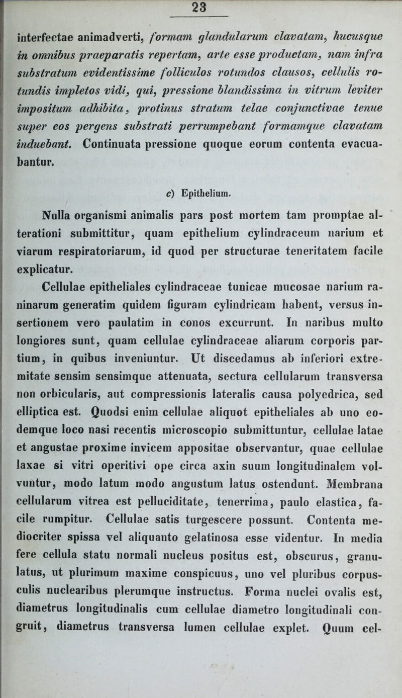interfectae animadverti, formam glandularum clavatam, hucusque in omnibus praeparatis repei^tam, arte esse productam, nam infra substratum evidentissime folliculos rotundos clausos, cellulis ro- tundis impletos vidi, qui, pressione blandissima in vitrum leviter impositum adhibita, protinus stratum telae conjunctivae tenue super eos pergens substrati perrumpebant formamque clavatam, induebant. Continuata pressione quoque eorum contenta evacua- bantur. c) Epithelium. Nulla organismi animalis pars post mortem tam promptae al- terationi submittitur, quam epithelium cylindraceum narium et viarum respiratoriarum, id quod per structurae teneritatem facile explicatur. Cellulae epitheliales cylindraceae tunicae mucosae narium ra- ninarum generatim quidem figuram cylindricam habent, versus in- sertionem vero paulatim in conos excurrunt. In naribus inulto longiores sunt, quam cellulae cylindraceae aliarum corporis par- tium, in quibus inveniuntur. Ut discedamus ab inferiori extre- mitate sensim sensimque attenuata, sectura cellularum transversa non orbicularis, aut compressionis lateralis causa polyedrica, sed elliptica est. Quodsi enim cellulae aliquot epitheliales ab uno eo- demque loco nasi recentis microscopio submittuntur, cellulae latae et angustae proxime invicem appositae observantur, quae cellulae laxae si vitri operitivi ope circa axin suum longitudinalem vol- vuntur, modo latum modo angustum latus ostendunt. Membrana cellularum vitrea est pelluciditate, tenerrima, paulo elastica, fa- cile rumpitur. Cellulae satis turgescere possunt. Contenta me- diocriter spissa vel aliquanto gelatinosa esse videntur. In media fere cellula statu normali nucleus positus est, obscurus, granu- latus, ut plurimum maxime conspicuus, uno vel pluribus corpus- culis nuclearibus plerumque instructus. Forma nuclei ovalis est, diametrus longitudinalis cum cellulae diametro longitudinali con- gruit, diametrus transversa lumen cellulae explet. Quum cel-