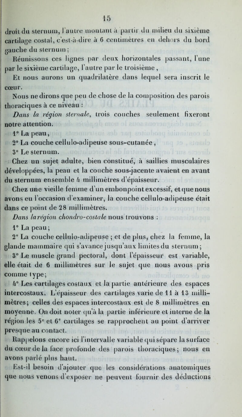 droit du sternum, l’autre montant à partir du milieu du sixième cartilage costal, c’est-à-dire à 6 centimètres en dehors du bord gauche du sternum : Réunissons ces lignes par deux horizontales passant, l’une par le sixième cartilage, l’autre par le troisième , Et nous aurons un quadrilatère dans lequel sera inscrit le cœur. Nous ne dirons que peu de chose de la composition des parois ! thoraciques à ce niveau : Dans la région sternale, trois couches seulement fixeront notre attention. 1° La peau, 2° La couche cellulo-adipeuse sous-cutanée , 3° Le sternum. Chez un sujet adulte, bien constitué, à saillies musculaires développées, la peau et la couche sous-jacente avaient en avant du sternum ensemble lx millimètres d’épaisseur. Chez une vieille femme d’un embonpoint excessif, et (pie nous avons eu l’occasion d’examiner, la couche cellulo-adipeuse était dans ce point de 28 millimètres. Dans larégion chondro-costale nous trouvons : 1° La peau; 2° La couche cellulo-adipeuse ; et de plus, chez la femme, la glande mammaire qui s’avance jusqu’aux limites du sternum; 3° Le muscle grand pectoral, dont l’épaisseur est variable, elle était de 6 millimètres sur le sujet que nous avons pris comme type; k° Les cartilages costaux et la partie antérieure des espaces intercostaux. L’épaisseur des cartilages varie de 11 à 13 milli- mètres; celles des espaces intercostaux est de 8 millimètres en moyenne. On doit noter qu’à la partie inférieure et interne de la région les 5e et 6e cartilages se rapprochent au point d’arriver presque au contact. Rappelons encore ici l’intervalle variable qui sépare la surface du cœur de la face profonde des parois thoraciques; nous en avons parlé plus haut. Est-il besoin d’ajouter que les considérations anatomiques que nous venons d’exposer ne peuvent fournir des déductions