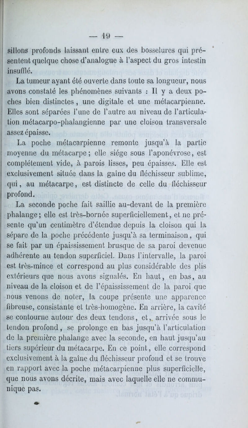 I sillons profonds laissant entre eux des bosselures qui pré- sentent quelque chose d’analogue à l’aspect du gros intestin ! insufflé. La tumeur ayant été ouverte dans toute sa longueur, nous | avons constaté les phénomènes suivants : Il y a deux po- ches bien distinctes , une digitale et une métacarpienne. | Elles sont séparées l’une de l’autre au niveau de l’articula- ! tion métacarpo-phalangienne par une cloison transversale assez épaisse. La poche métacarpienne remonte jusqu’à la partie ! moyenne du métacarpe; elle siège sous l’aponévrose, est complètement vide, à parois lisses, peu épaisses. Elle est exclusivement située dans la gaîne du fléchisseur sublime, qui, au métacarpe, est distincte de celle du fléchisseur profond. La seconde poche fait saillie au-devant de la première phalange ; elle est très-bornée superficiellement, et ne pré- sente qu’un centimètre d’étendue depuis la cloison qui la sépare de la poche précédente jusqu’à sa terminaison, qui se fait par un épaississement brusque de sa paroi devenue adhérente au tendon superficiel. Dans l’intervalle, la paroi I est très-mince et correspond au plus considérable des plis extérieurs que nous avons signalés. En haut, en bas, au niveau de la cloison et de l’épaississement de la paroi que ; nous venons de noter, la coupe présente une apparence ! fibreuse, consistante et très-homogène. En arrière, la cavité se contourne autour des deux tendons, et, arrivée sous le tendon profond, se prolonge en bas jusqu’à l’articulation de la première phalange avec la seconde, en haut jusqu’au tiers supérieur du métacarpe. En ce point, elle correspond exclusivement à la gaîne du fléchisseur profond et se trouve en rapport avec la poche métacarpienne plus superficielle, que nous avons décrite, mais avec laquelle elle ne commu- nique pas.