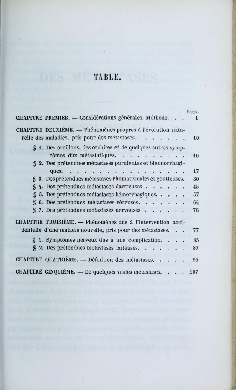 TABLE Pages. CHAPITRE PREMIER. — Considérations générales. Méthode. . . 1 CHAPITRE DEUXIÈME. — Phénomènes propres à l’évolution natu- relle des maladies, pris pour des métastases 10 § 1. Des oreillons, des orchites et de quelques autres symp- tômes dits métastatiques 10 § 2. Des prétendues métastases purulentes et blennorrhagi- ques 17 § 3. Des prétendues métastases rhumatismales et goutteuses. 30 § U. Des prétendues métastases dartreuses 45 § 5. Des prétendues métastases hémorrhagiques 57 § 6. Des prétendues métastases séreuses 64 § 7. Des prétendues métastases nerveuses 76 CHAPITRE TROISIÈME. — Phénomènes dus à l’intervention acci- dentelle d’une maladie nouvelle, pris pour des métastases. . . 77 § 1. Symptômes nerveux dus à une complication. ... 85 § 2. Des prétendues métastases laiteuses 87 CHAPITRE QUATRIÈME. — Définition des métastases 95 CHAPITRE CINQUIÈME. — De quelques vraies métastases. . . . 107